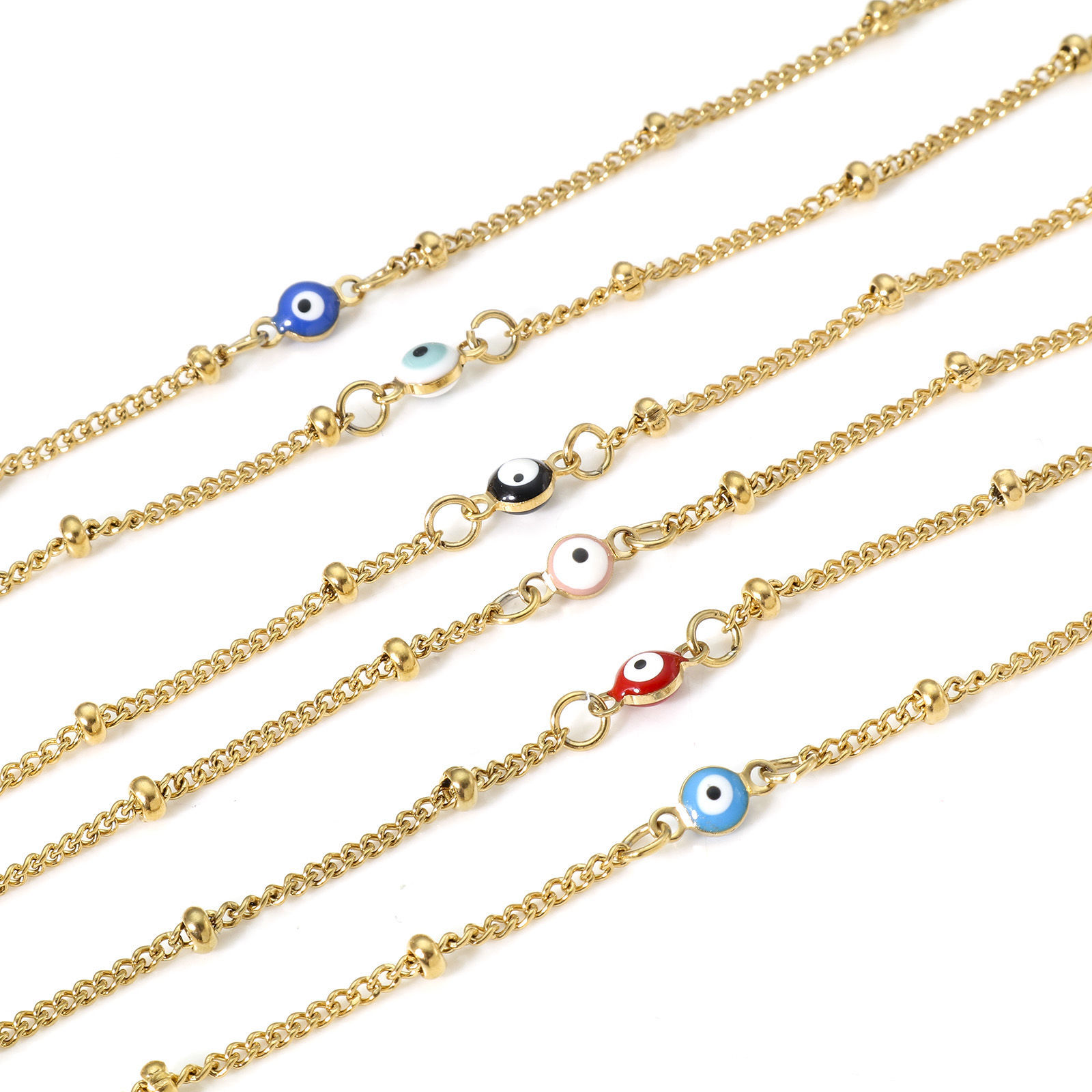 Immagine di 1 Pz Placcatura Sottovuoto 304 Acciaio Inossidabile Religione Catena Singolare Cavigliere Oro Placcato Multicolore Smalto a Doppia Faccia Tondo Malocchio 21.5cm lunghezza