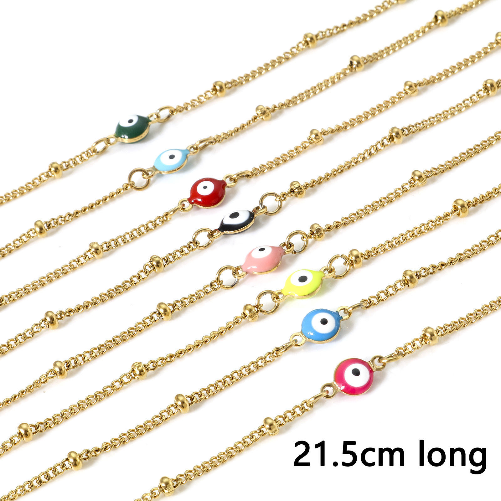 Immagine di 1 Pz Placcatura Sottovuoto 304 Acciaio Inossidabile Religione Catena Singolare Cavigliere Oro Placcato Multicolore Smalto a Doppia Faccia Tondo Malocchio 21.5cm lunghezza