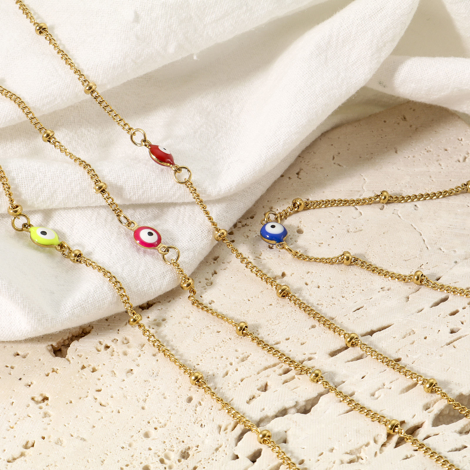 Immagine di 1 Pz Placcatura Sottovuoto 304 Acciaio Inossidabile Religione Catena Singolare Cavigliere Oro Placcato Multicolore Smalto a Doppia Faccia Tondo Malocchio 21.5cm lunghezza