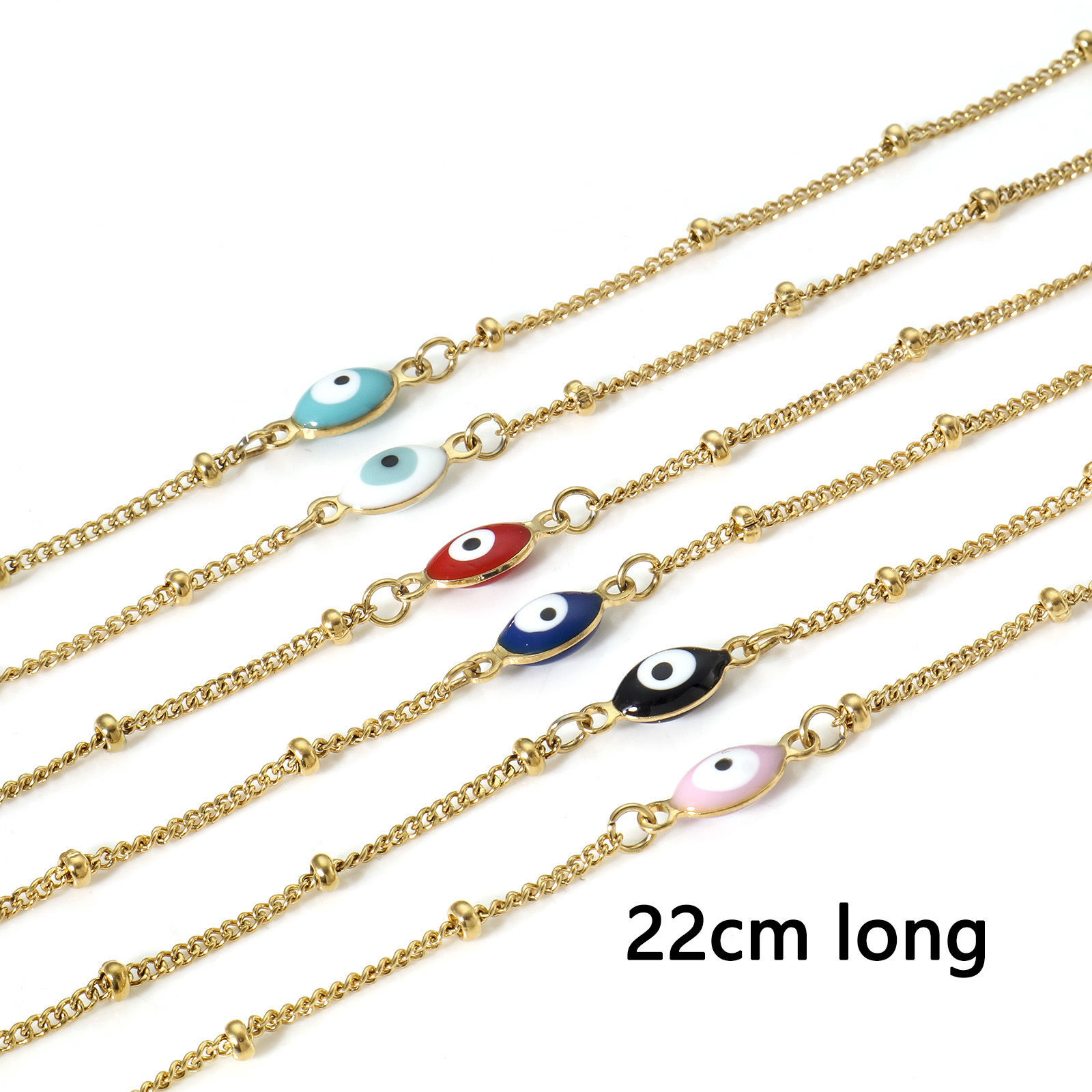 Bild von 1 Strang Vakuumbeschichtung 304 Edelstahl Religiös Panzerkette Kette Fußketten Vergoldet Bunt Doppelseitige Emaille Marquise Böser Blick Evil Eye 22cm lang