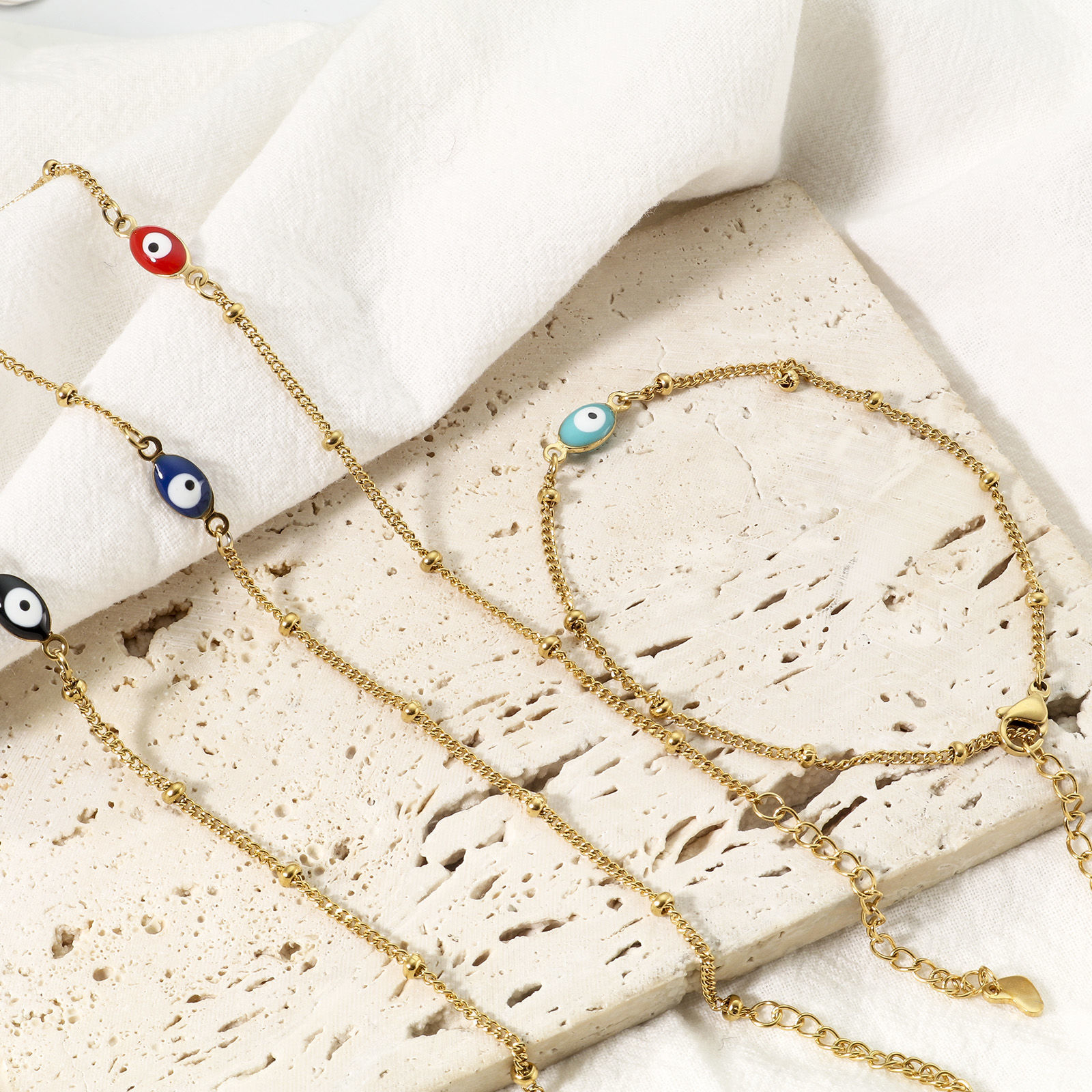 Bild von 1 Strang Vakuumbeschichtung 304 Edelstahl Religiös Panzerkette Kette Fußketten Vergoldet Bunt Doppelseitige Emaille Marquise Böser Blick Evil Eye 22cm lang