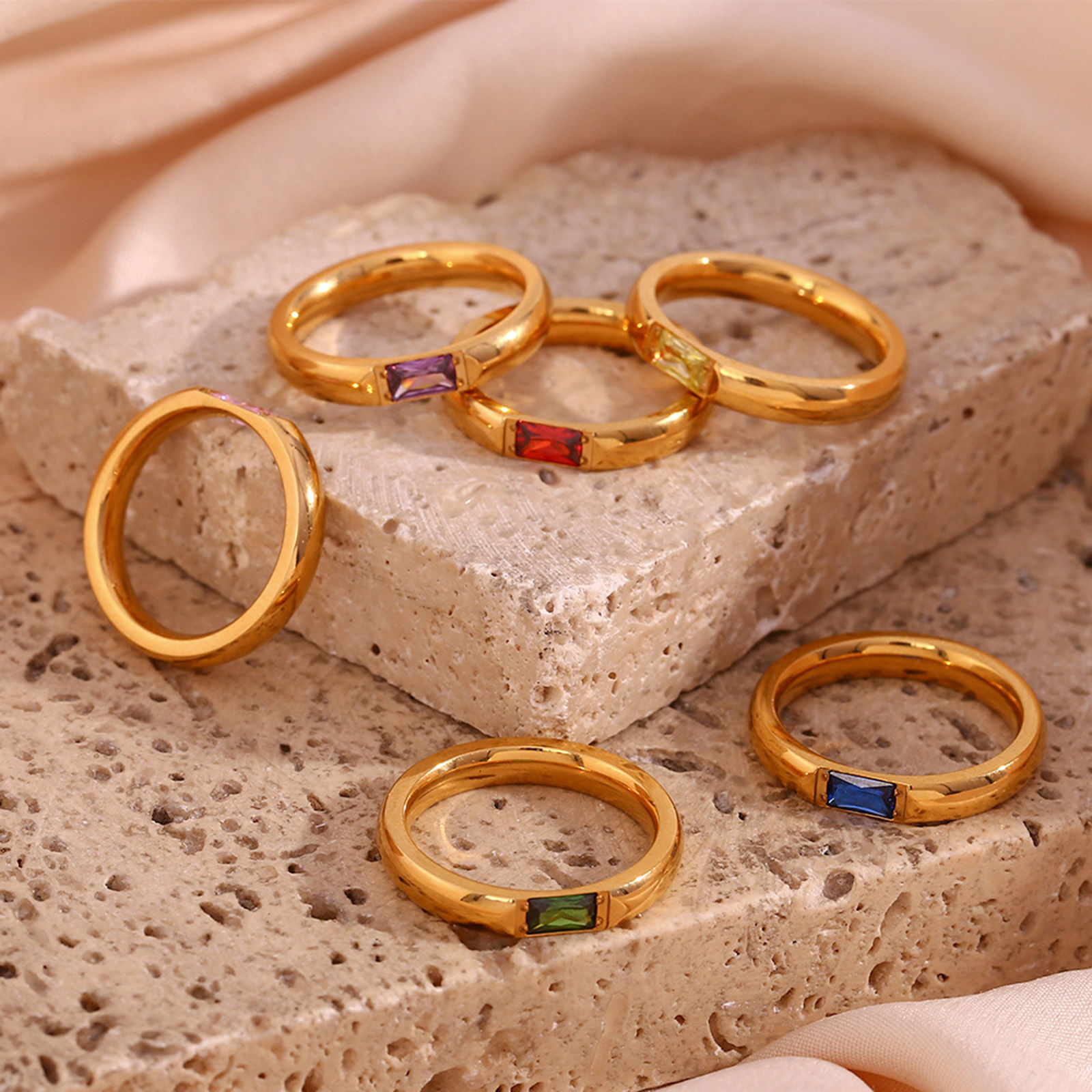 Picture of Eco-friendly Minimalist Exquisite 18K Real Gold Plated 304 Stainless Steel & Cubic Zirconia Unadjustable Rectangle Rings For Women Anniversary