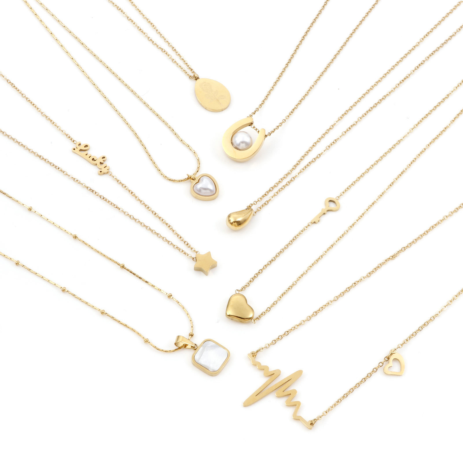 Picture of 304 Stainless Steel Stylish Link Chain Necklace 18K Gold Plated White Heart Imitation Pearl