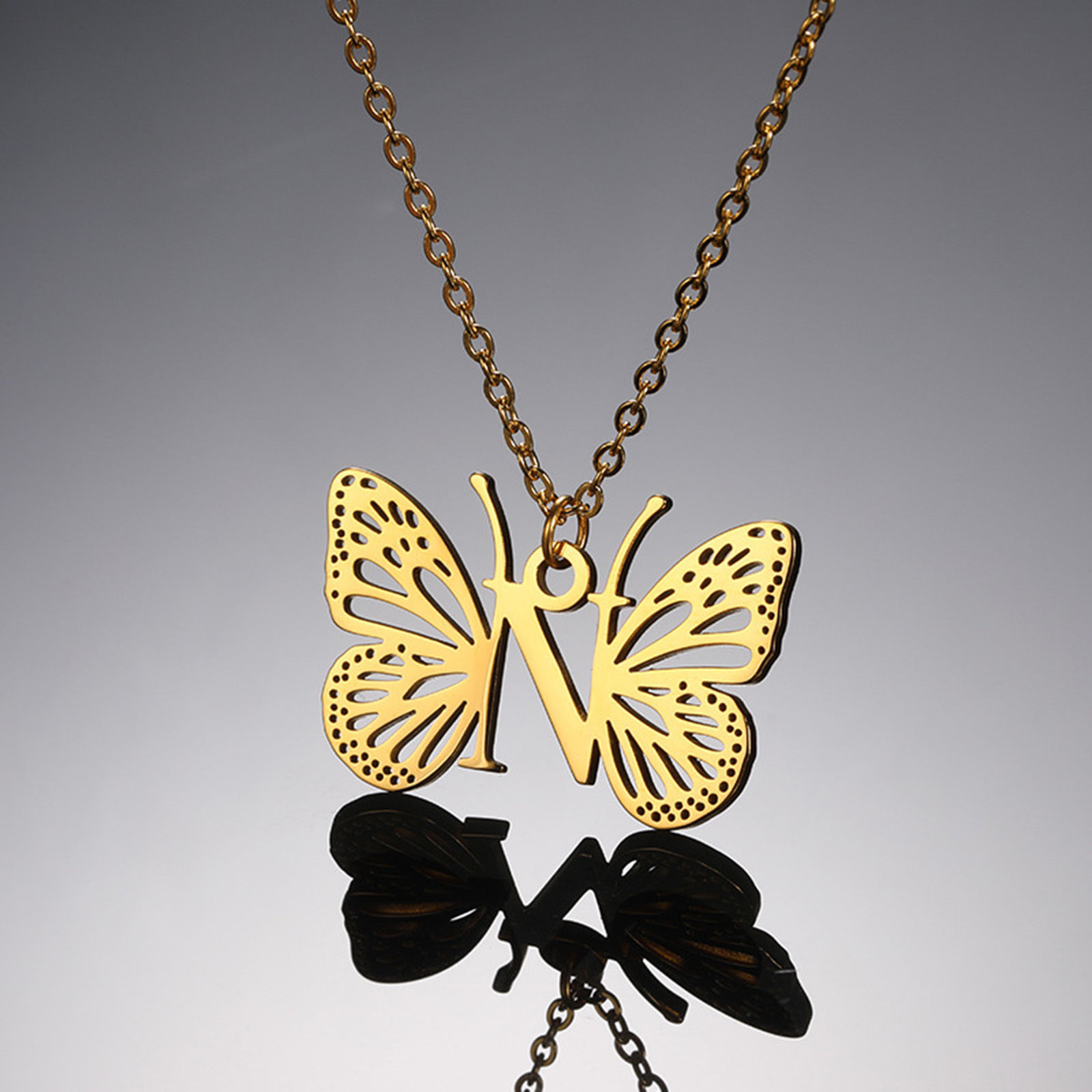 Picture of 304 Stainless Steel Stylish Link Cable Chain Necklace 18K Gold Plated Butterfly Animal Initial Alphabet/ Capital Letter Message " A-Z " Hollow