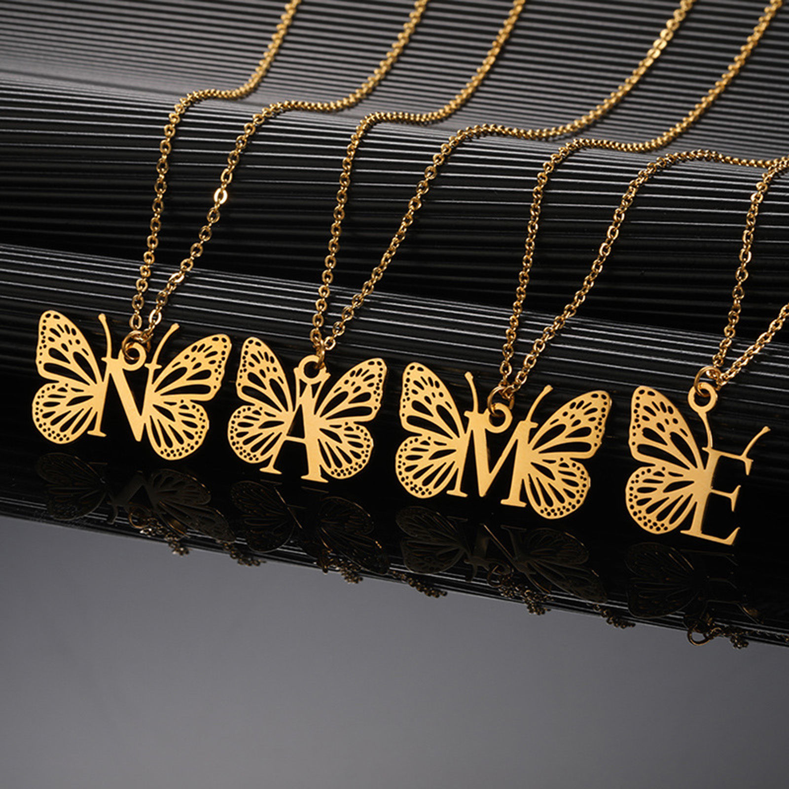 Picture of 304 Stainless Steel Stylish Link Cable Chain Necklace 18K Gold Plated Butterfly Animal Initial Alphabet/ Capital Letter Message " A-Z " Hollow
