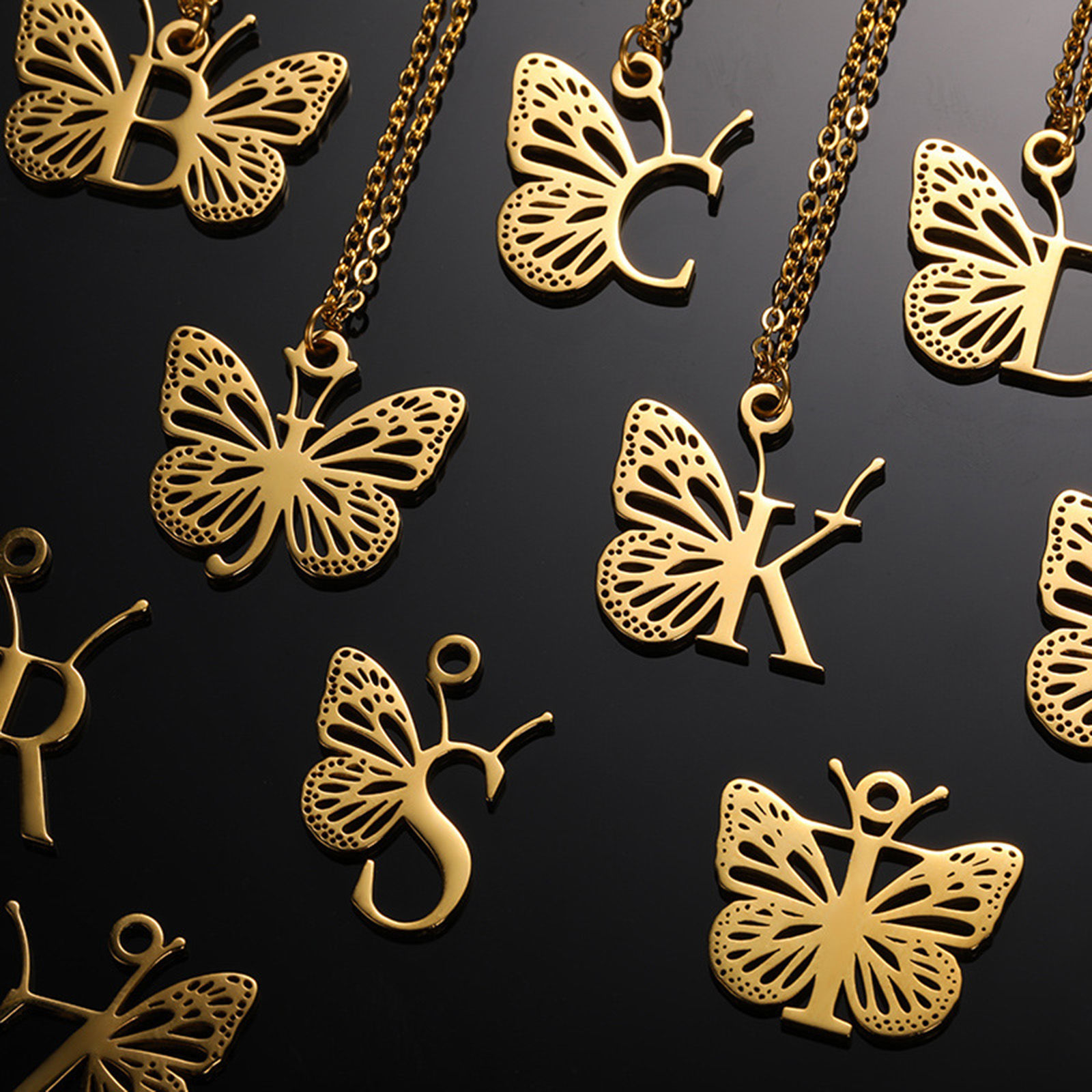 Picture of 304 Stainless Steel Stylish Link Cable Chain Necklace 18K Gold Plated Butterfly Animal Initial Alphabet/ Capital Letter Message " A-Z " Hollow