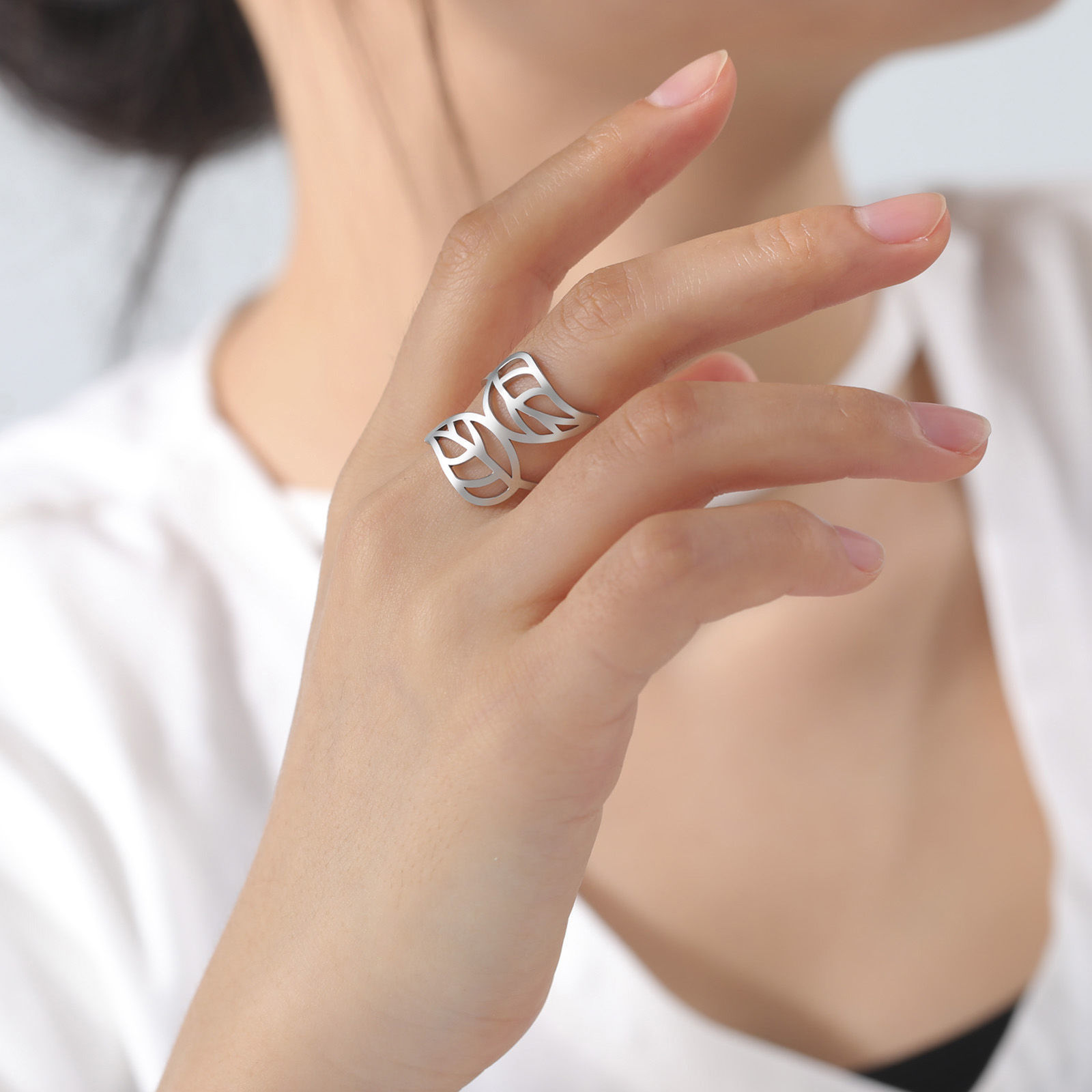 Picture of 304 Stainless Steel Stylish Open Adjustable Rings Multicolor Leaf 17.3mm(US Size 7)