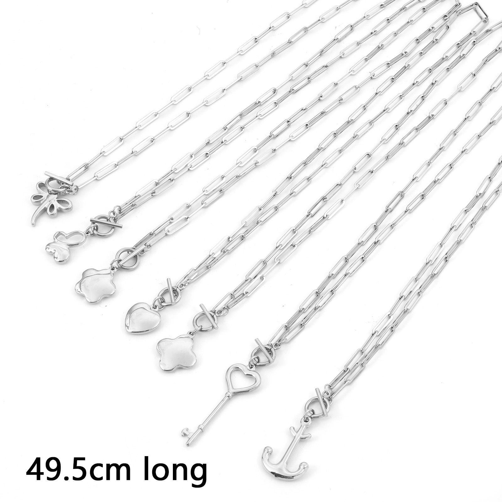 304ステンレス鋼 おしゃれ ペーパークリップチェーン ネックレス シルバートーン ハート 心 花 フラワー49.5cm長さ、 1 本 の画像