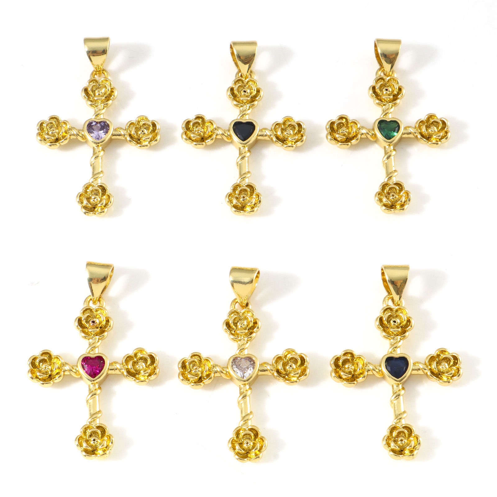Immagine di Ottone Religione Ciondoli Oro Placcato Croce Fiore Multicolore Cubic Zirconiae 3cm x 1.9cm, 1 Pz