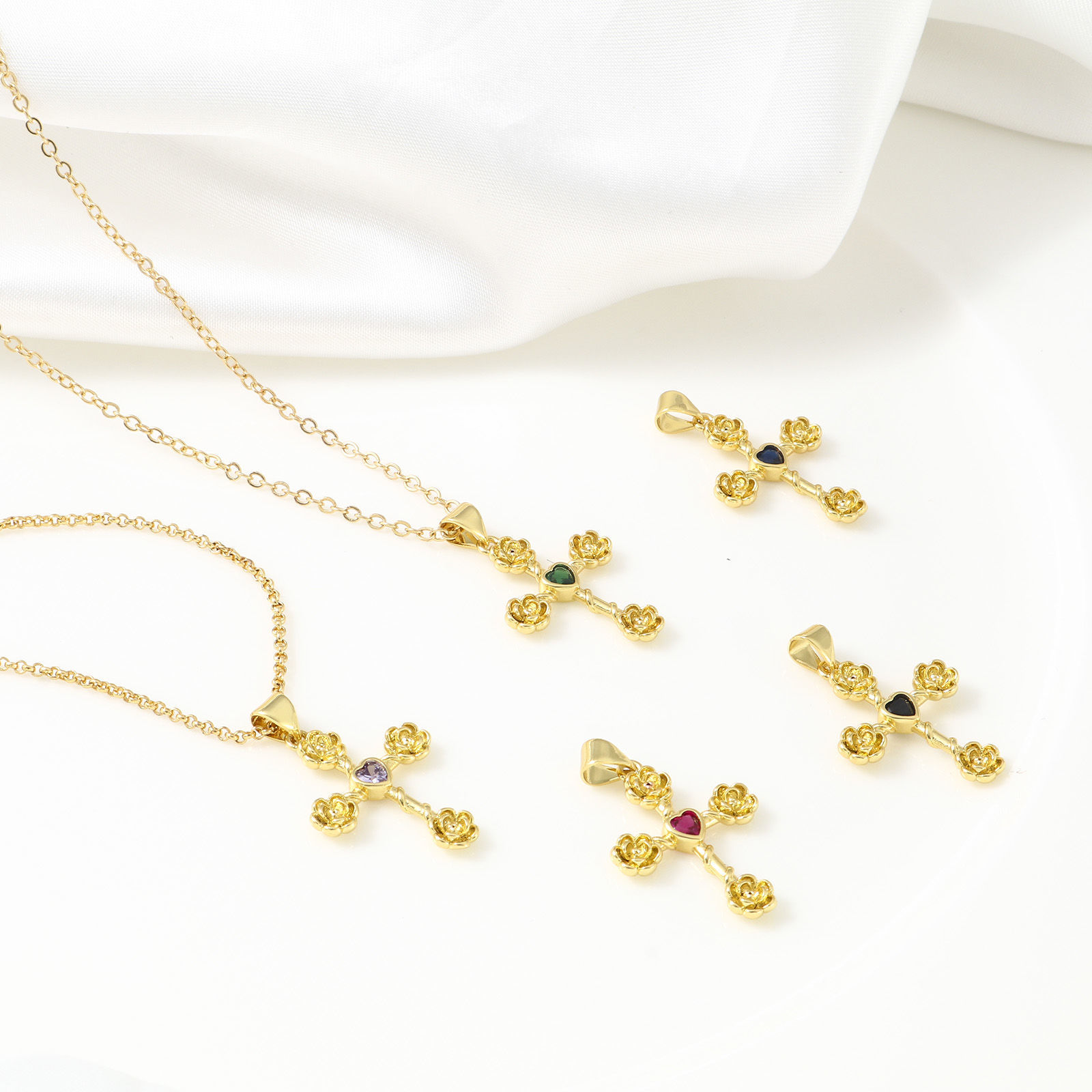 Immagine di Ottone Religione Ciondoli Oro Placcato Croce Fiore Multicolore Cubic Zirconiae 3cm x 1.9cm, 1 Pz