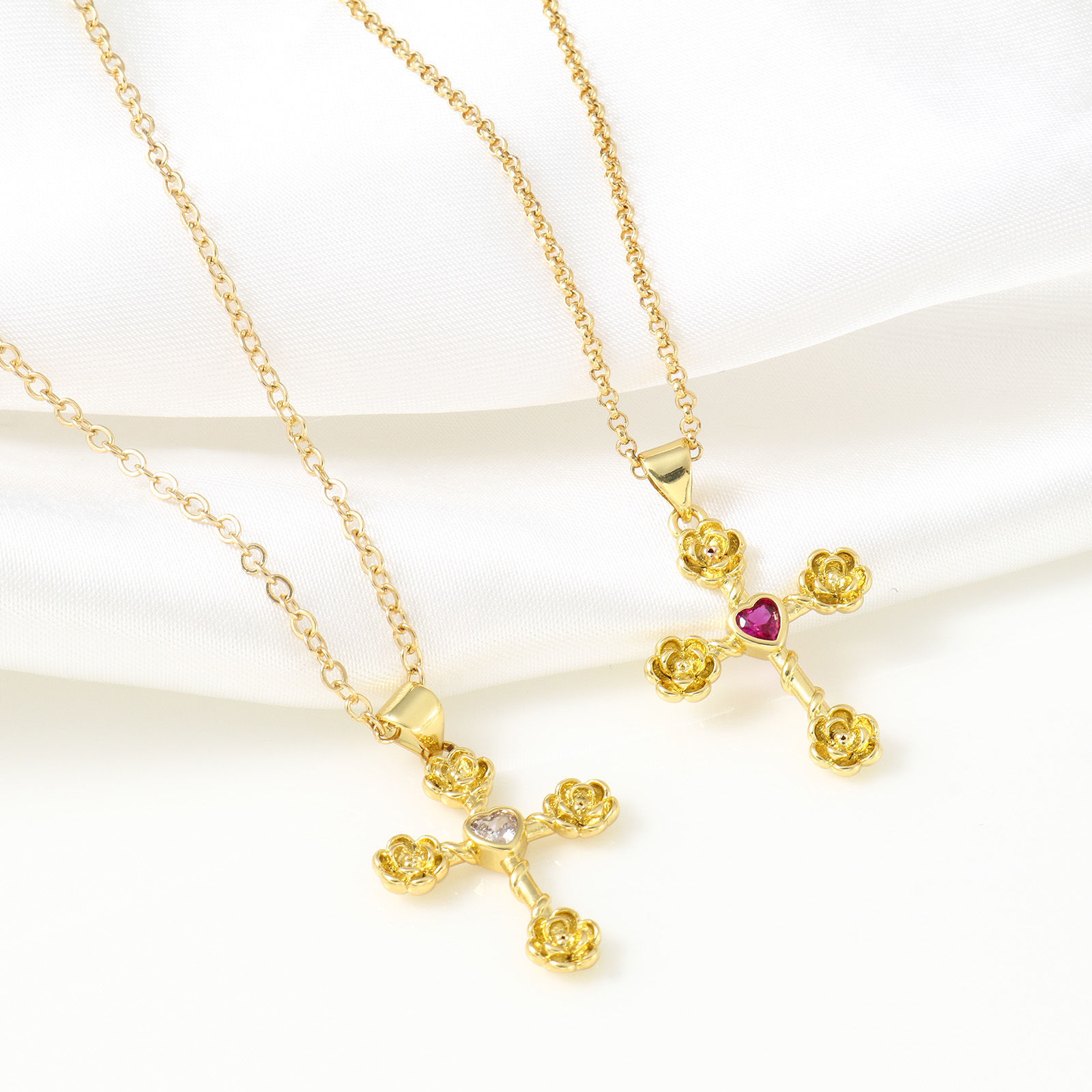 Immagine di Ottone Religione Ciondoli Oro Placcato Croce Fiore Multicolore Cubic Zirconiae 3cm x 1.9cm, 1 Pz