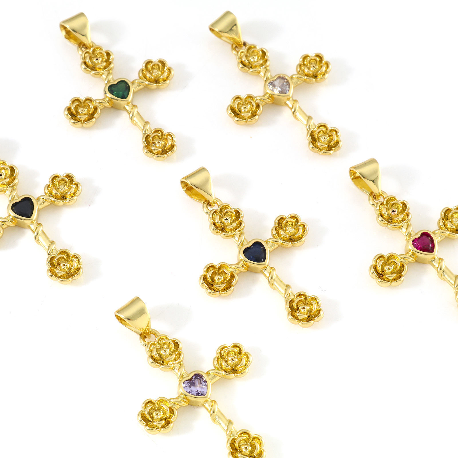 Immagine di Ottone Religione Ciondoli Oro Placcato Croce Fiore Multicolore Cubic Zirconiae 3cm x 1.9cm, 1 Pz
