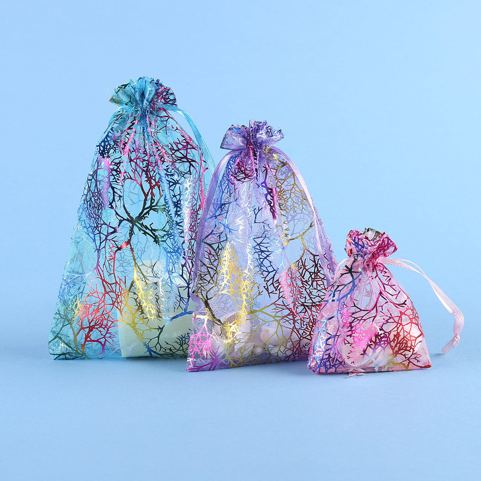 Image de Sachets à Bijoux en Organza Estampage à Chaud Rectangle Multicolore Branches 10 Pcs