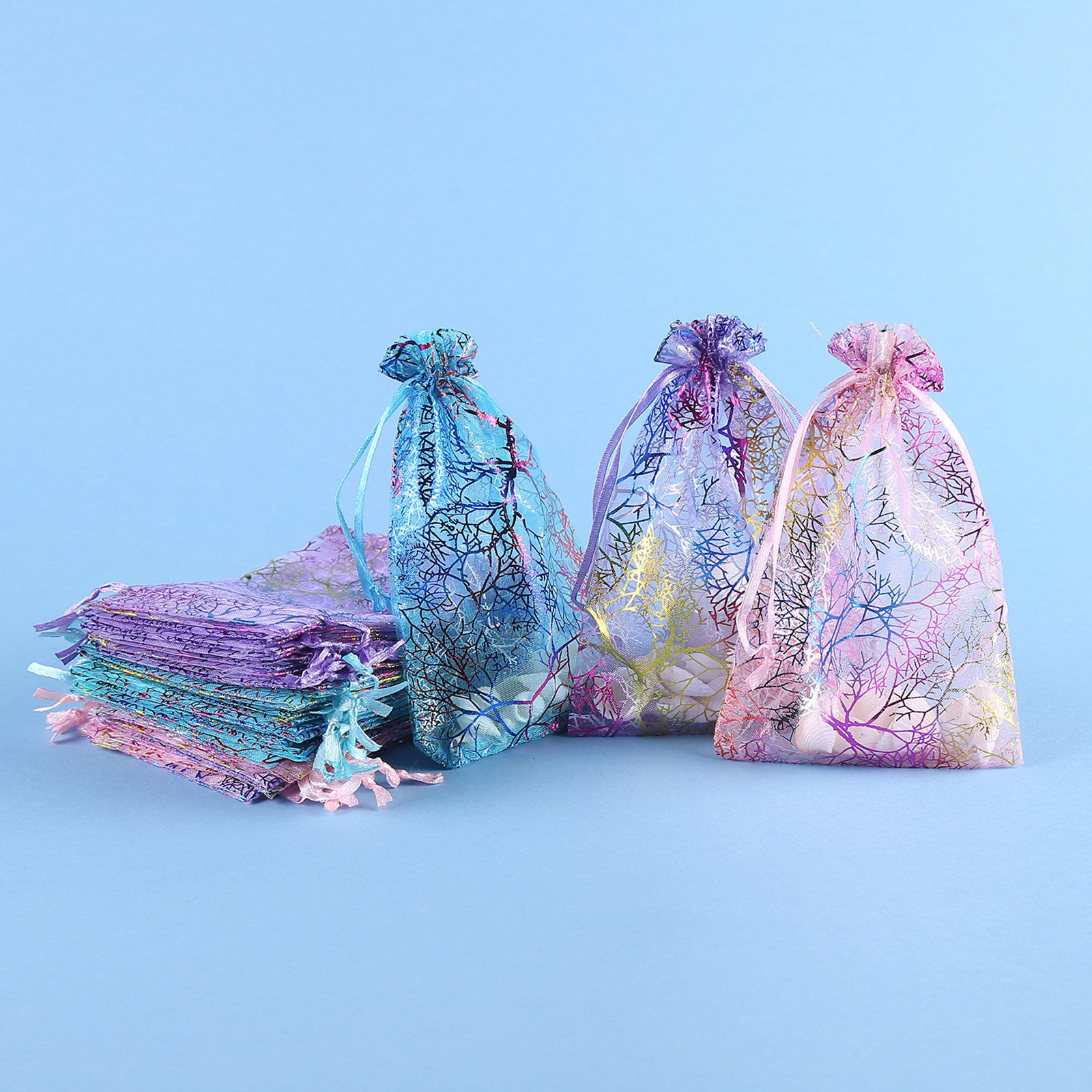 Image de Sachets à Bijoux en Organza Estampage à Chaud Rectangle Multicolore Branches 10 Pcs