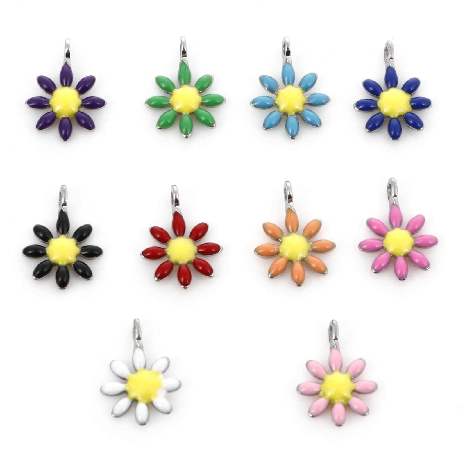Bild von 304 Edelstahl Flora Kollektion Charms Silberfarbe Blumen Doppelseitige Emaille 10mm x 7mm, 10 Stück