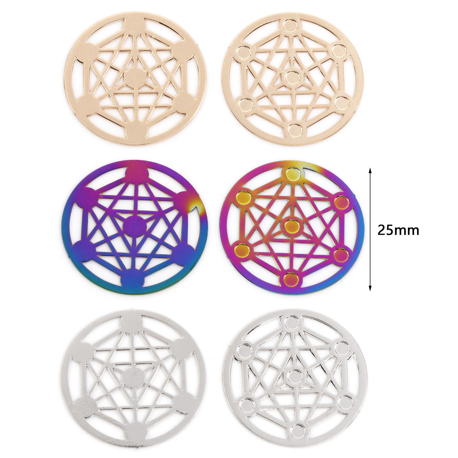 合金 透かしパーツ フィリグリースタンピング コネクターパーツ 円形 多色 マジックアレイ柄 25mm直径、 10 個 の画像