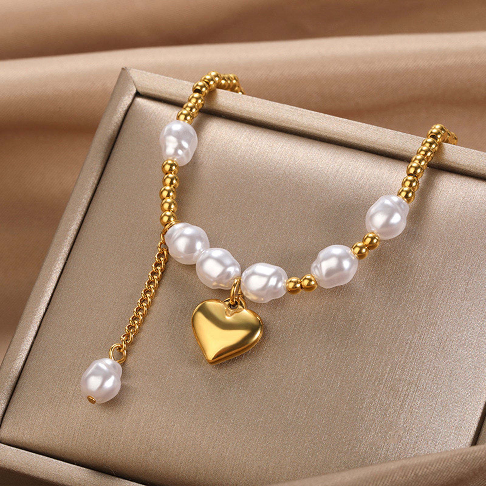 Picture of Eco-friendly 304 Stainless Steel Stylish Link Chain Bracelets 18K Gold Plated Heart Imitation Pearl 17.5cm(6 7/8") long