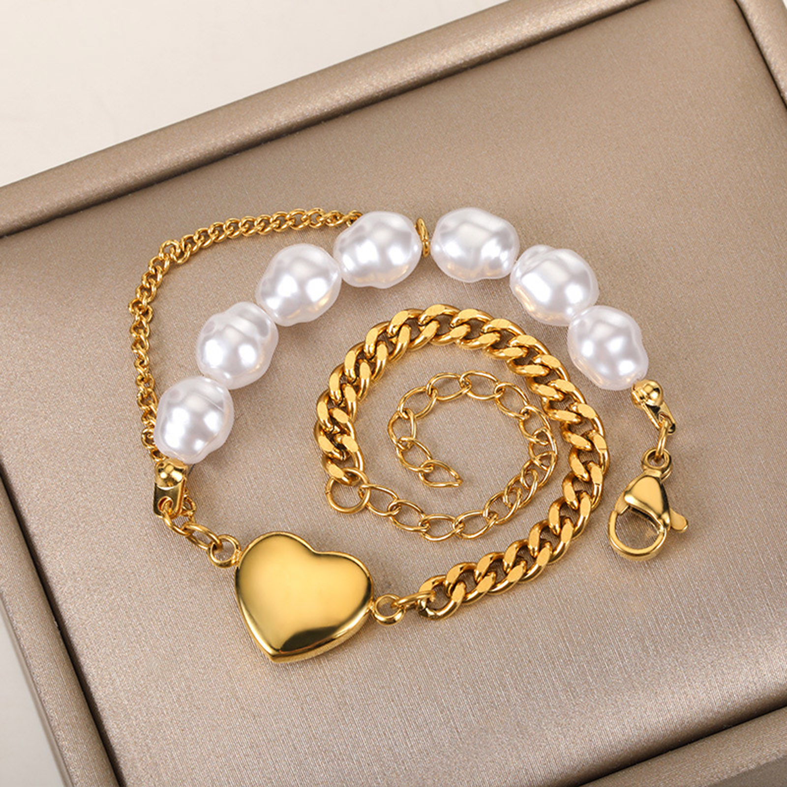 Picture of Eco-friendly 304 Stainless Steel Stylish Link Chain Bracelets 18K Gold Plated Heart Imitation Pearl 17.5cm(6 7/8") long