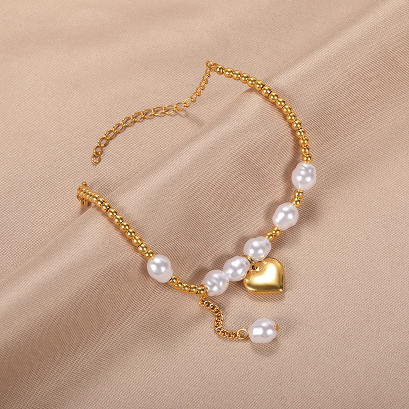 Picture of Eco-friendly 304 Stainless Steel Stylish Link Chain Bracelets 18K Gold Plated Heart Imitation Pearl 17.5cm(6 7/8") long