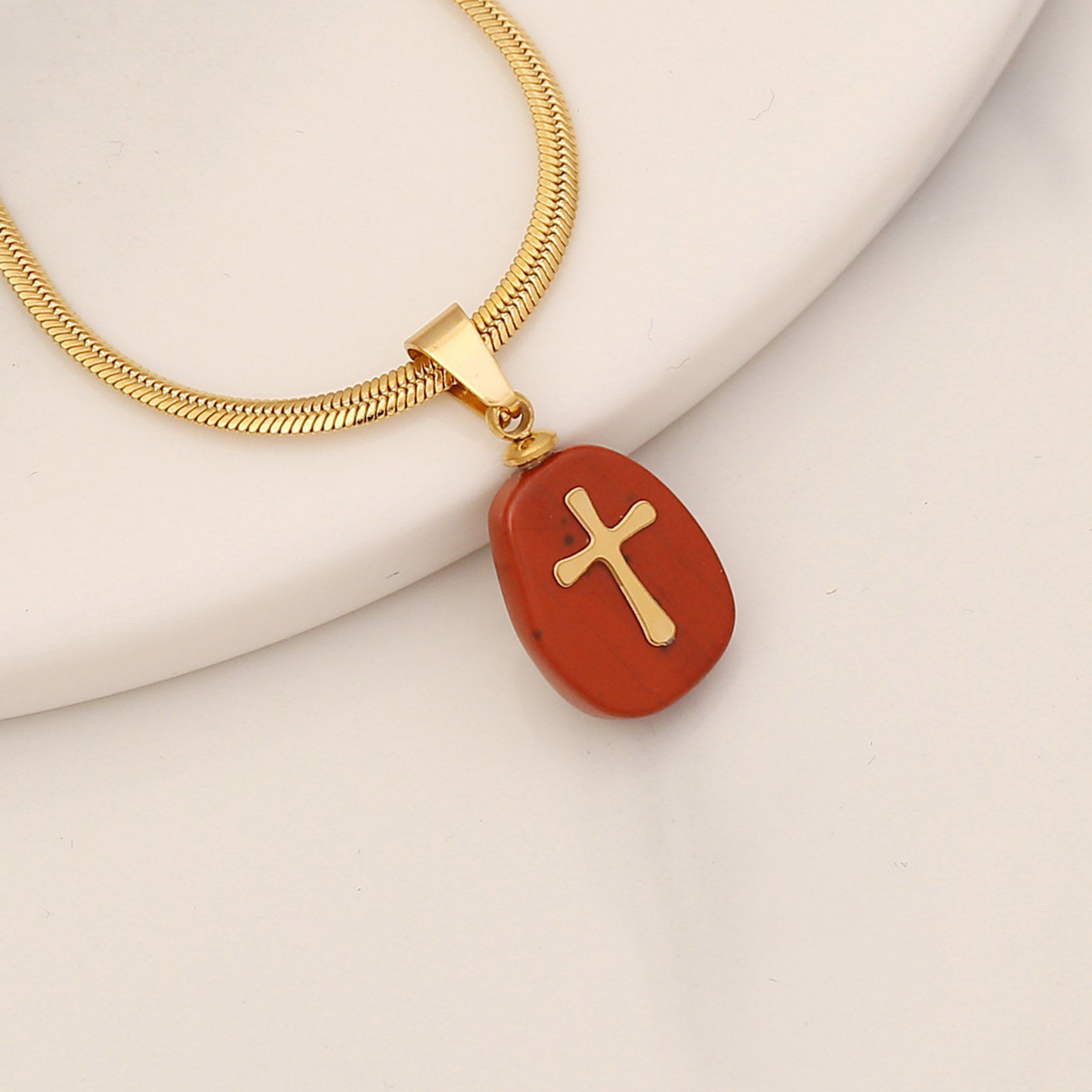 Picture of Eco-friendly 304 Stainless Steel & Gemstone Religious Link Chain Necklace 18K Gold Plated Oval Cross 40cm(15 6/8") long