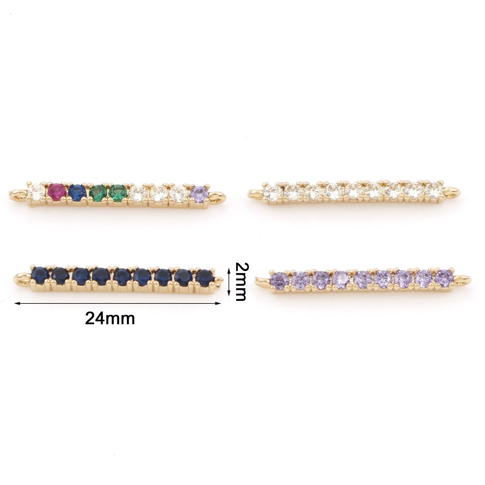 真鍮 コネクター ペンダント チャーム 金メッキ ストライプ マイクロパヴェ 多色ジルコン 24mm x 2mm、 1 個 の画像