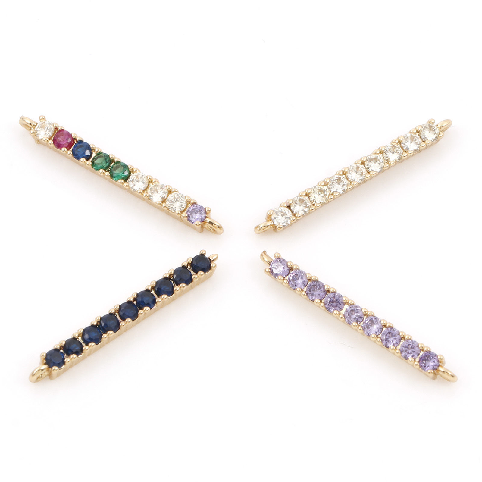 真鍮 コネクター ペンダント チャーム 金メッキ ストライプ マイクロパヴェ 多色ジルコン 24mm x 2mm、 1 個 の画像