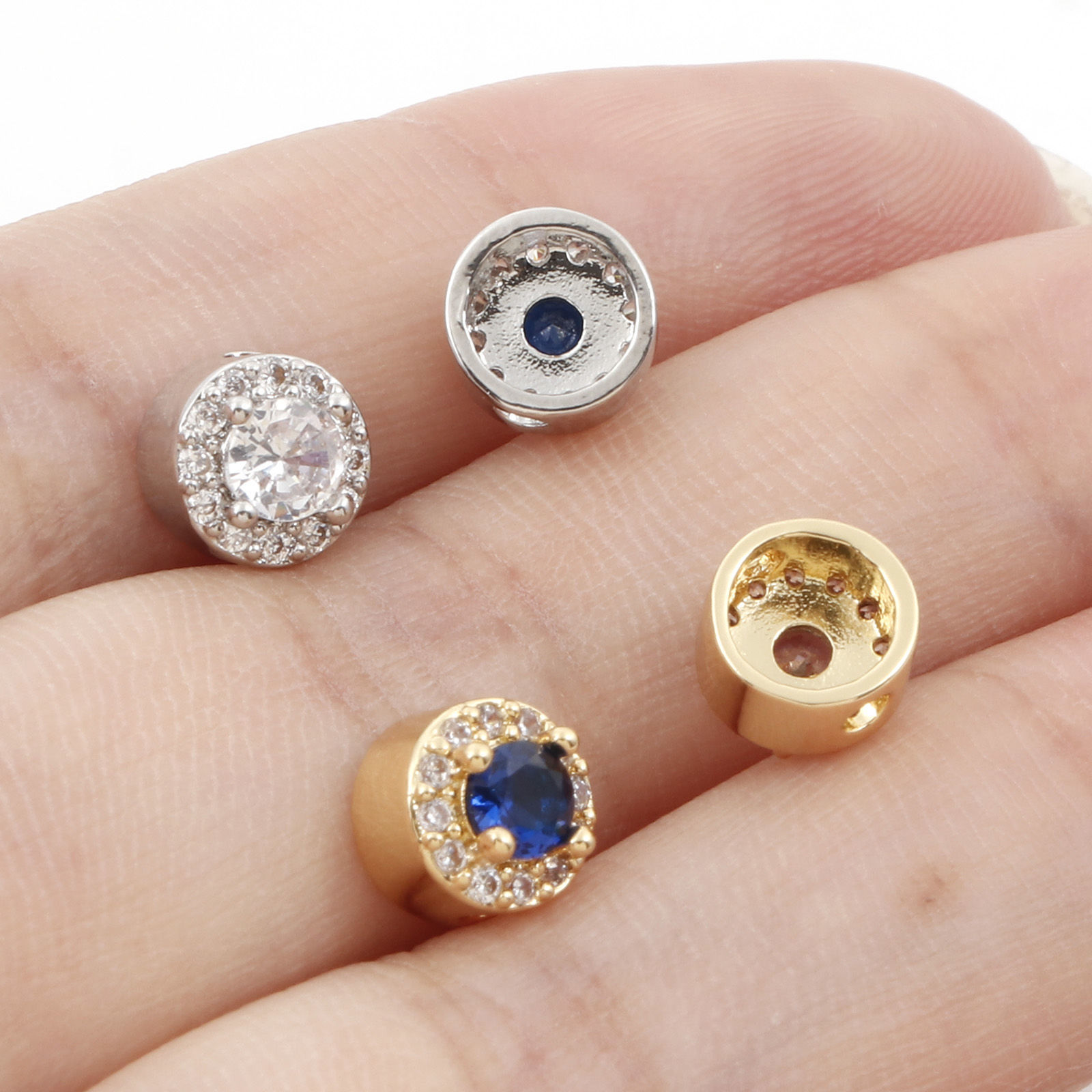 Imagen de Latón Cuentas para la Fabricación de Joyas con Dijes de Bricolaje Plano Redondo Micro Pave Multicolor Circón Artificial 7mm Dia., Agujero: Aprox 1.6mm, 1 Unidad