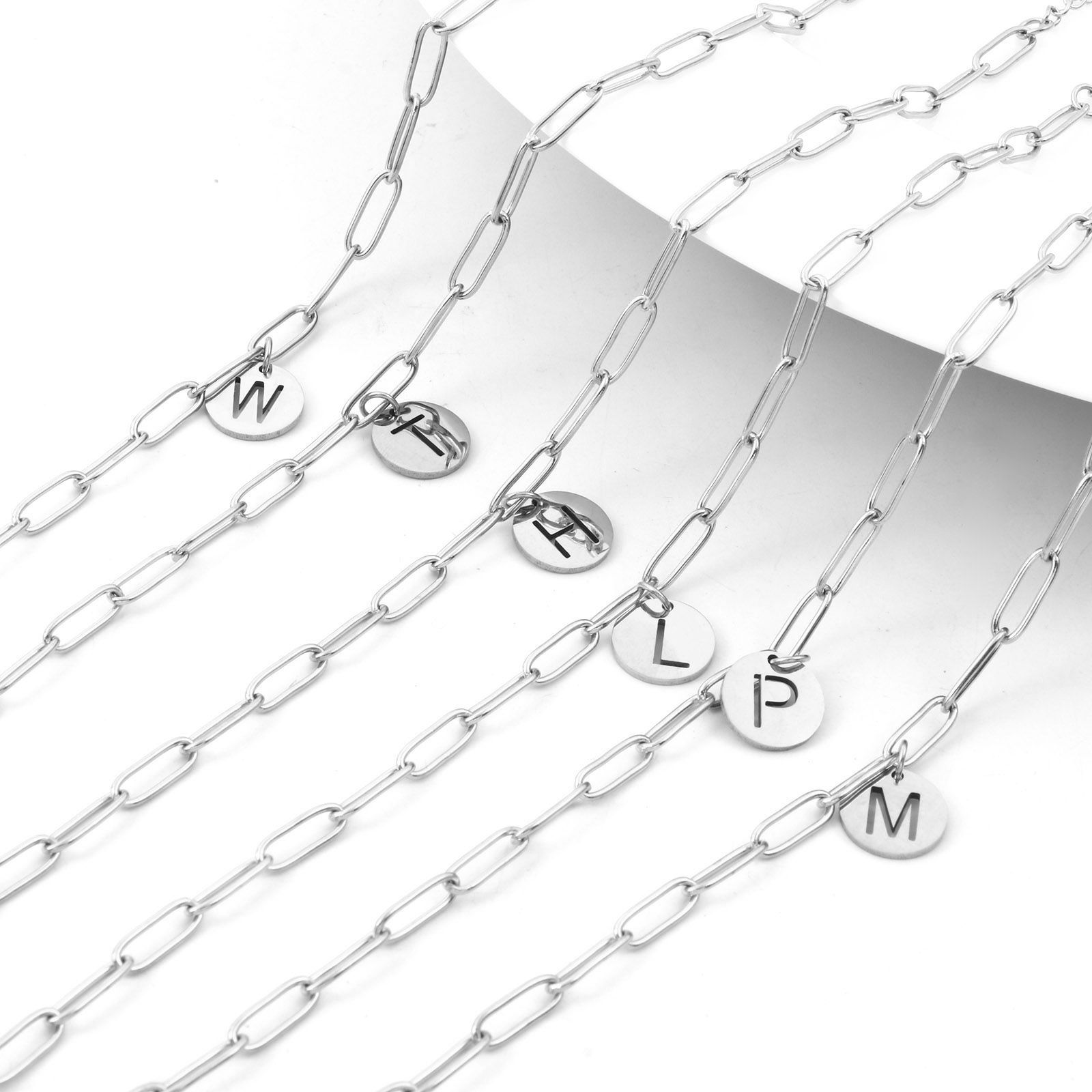 Picture of Eco-friendly 304 Stainless Steel Simple Paperclip Chain Anklet Silver Tone With Lobster Claw Clasp And Extender Chain Round Initial Alphabet/ Capital Letter Message " A-Z " 22cm(8 5/8") long