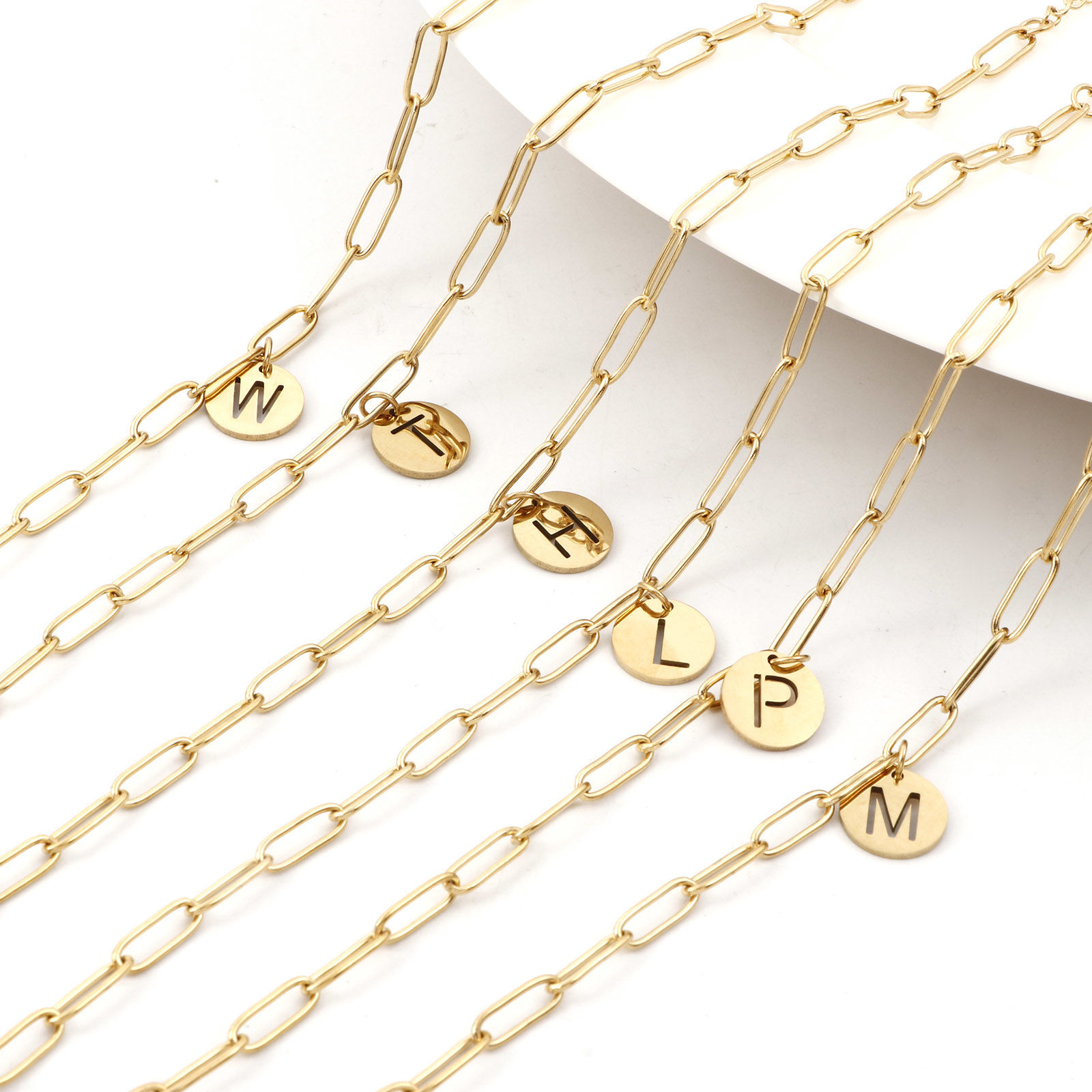Picture of 1 Piece Vacuum Plating 304 Stainless Steel Simple Paperclip Chain Anklet 18K Gold Plated With Lobster Claw Clasp And Extender Chain Round Initial Alphabet/ Capital Letter Message " A-Z " 22cm(8 5/8") long