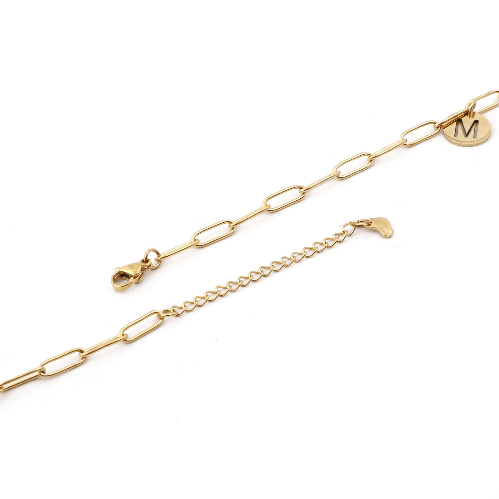 Picture of 1 Piece Vacuum Plating 304 Stainless Steel Simple Paperclip Chain Anklet 18K Gold Plated With Lobster Claw Clasp And Extender Chain Round Initial Alphabet/ Capital Letter Message " A-Z " 22cm(8 5/8") long