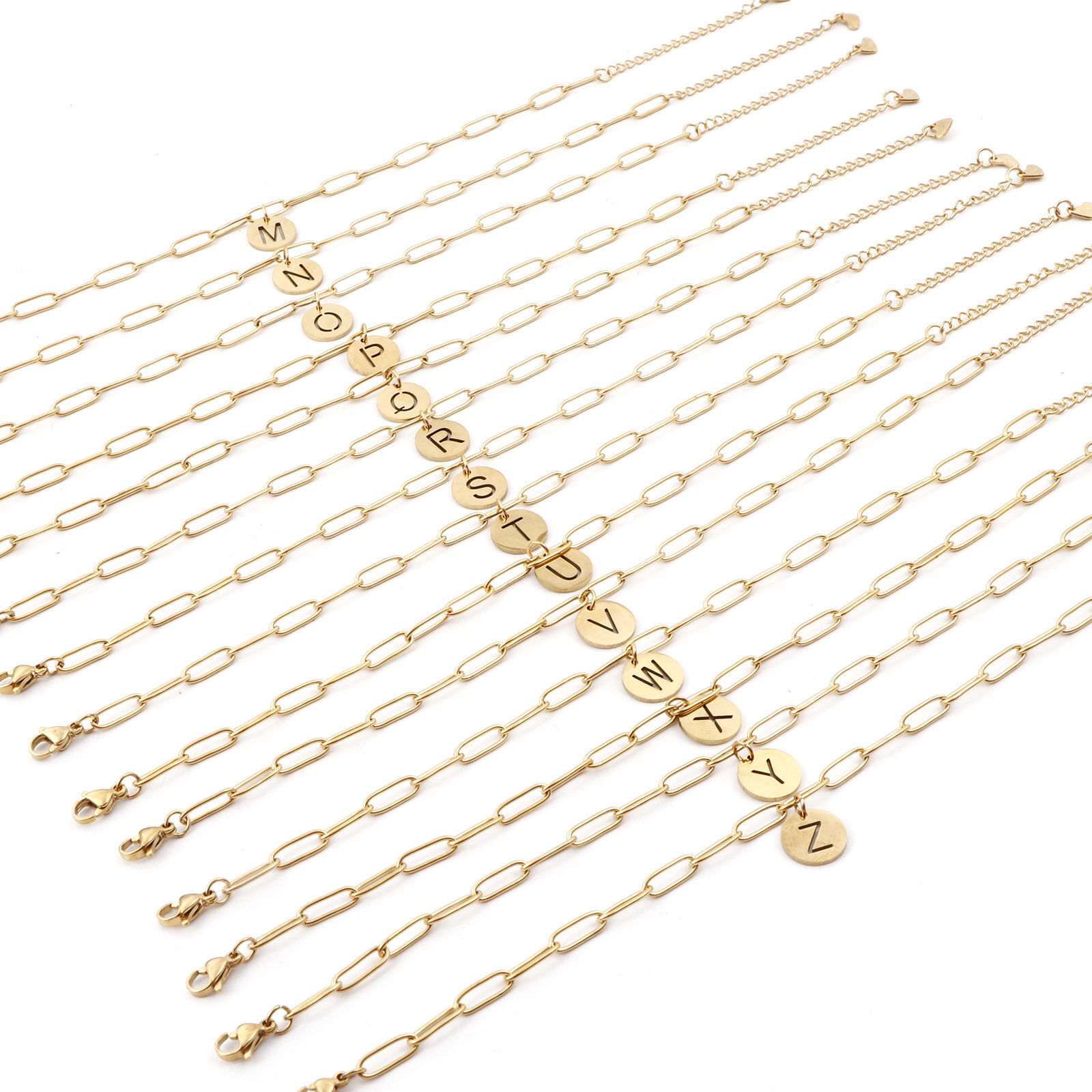 Picture of 1 Piece Vacuum Plating 304 Stainless Steel Simple Paperclip Chain Anklet 18K Gold Plated With Lobster Claw Clasp And Extender Chain Round Initial Alphabet/ Capital Letter Message " A-Z " 22cm(8 5/8") long