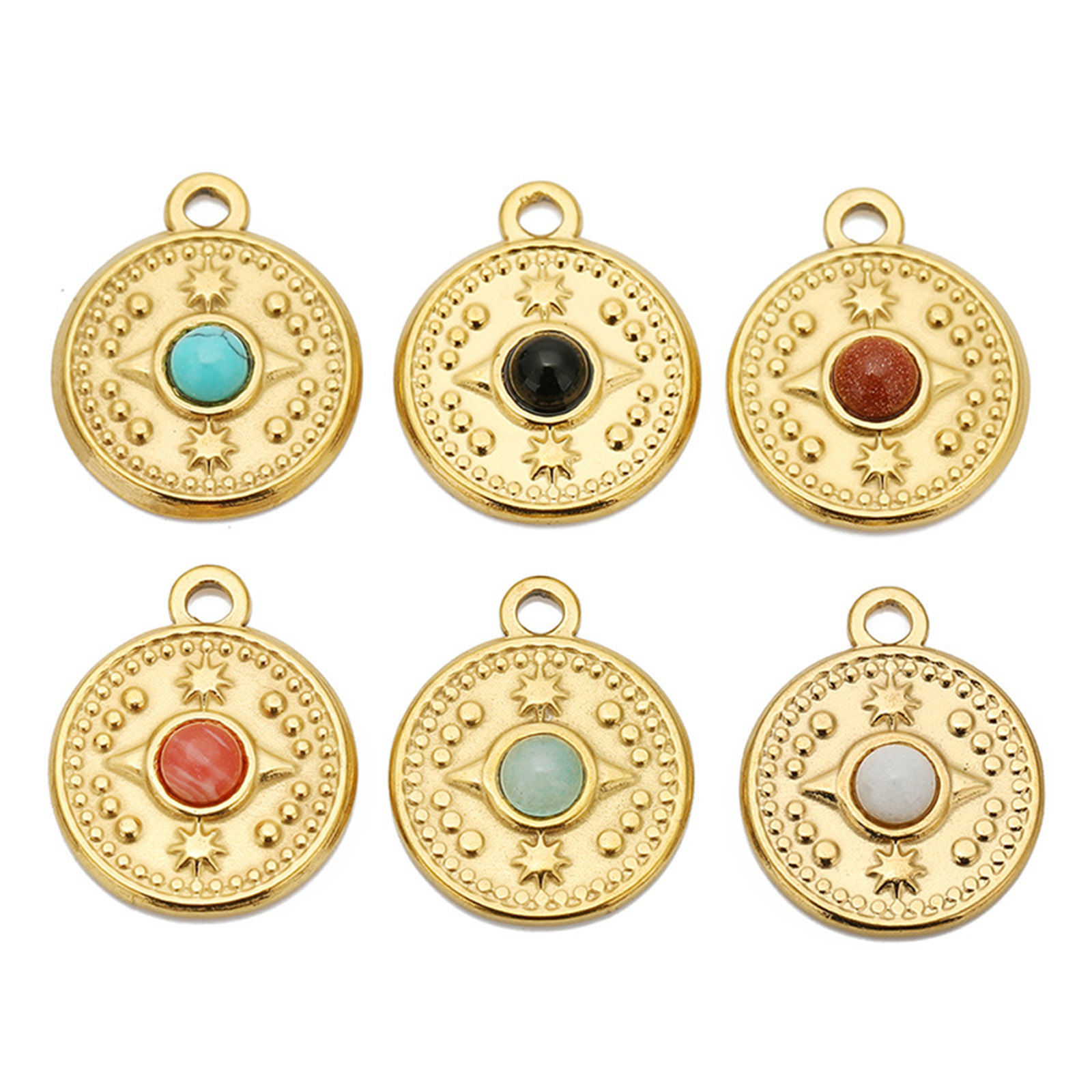 Picture of Eco-friendly Vacuum Plating 304 Stainless Steel & Gemstone Boho Chic Bohemia Charms 18K Gold Plated Multicolor Round Disc Compass 18mm Dia.