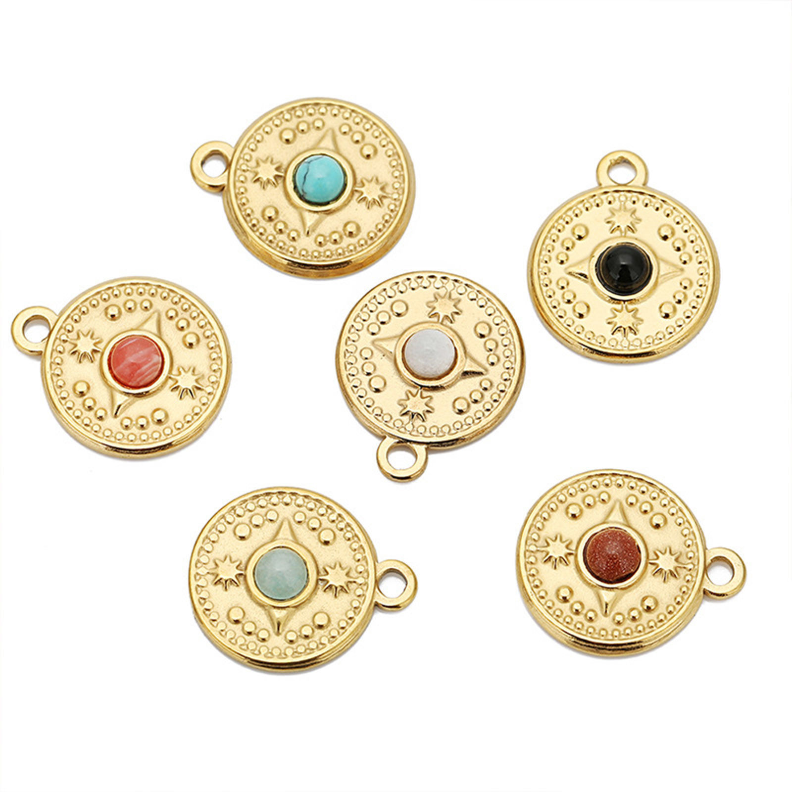 Picture of Eco-friendly Vacuum Plating 304 Stainless Steel & Gemstone Boho Chic Bohemia Charms 18K Gold Plated Multicolor Round Disc Compass 18mm Dia.