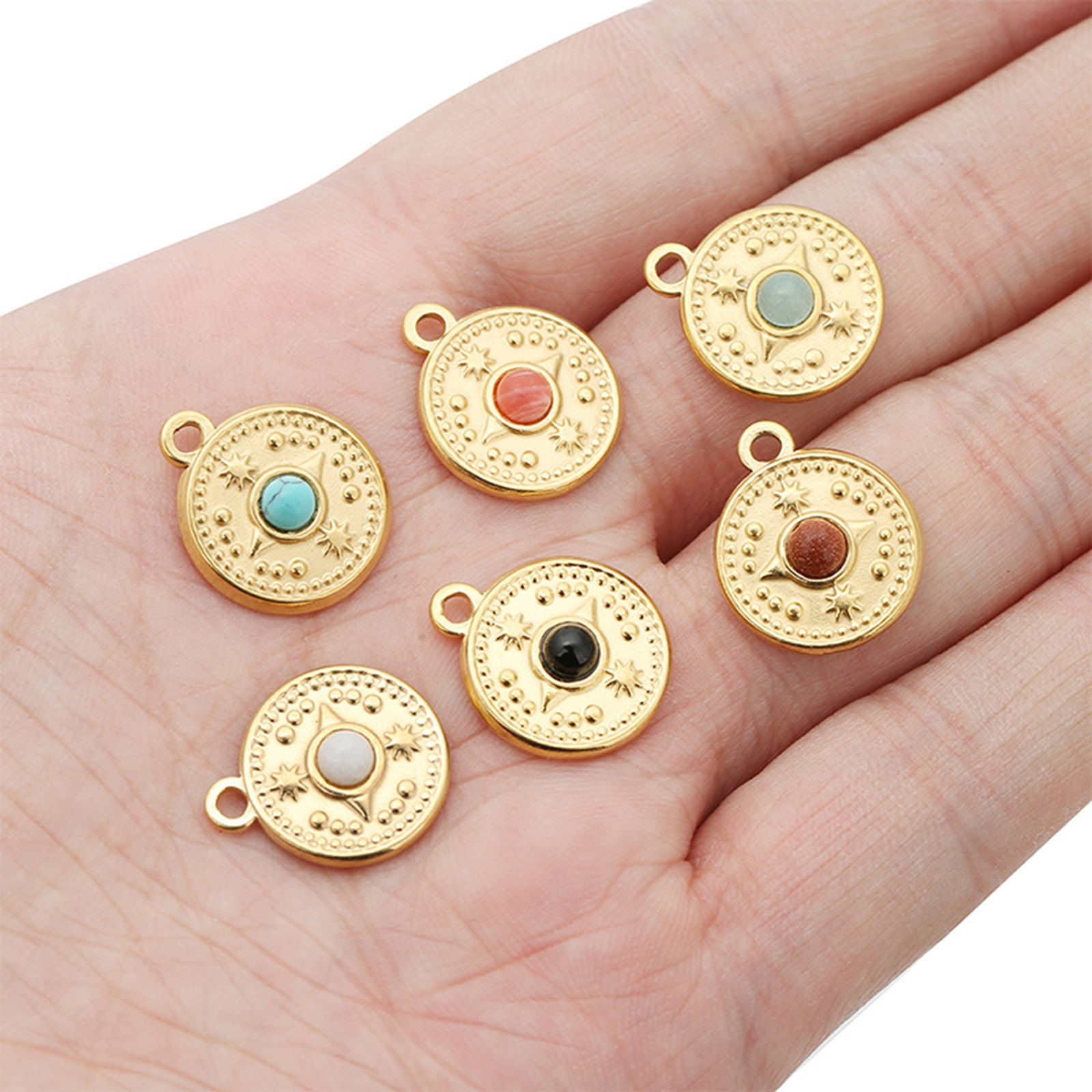 Picture of Eco-friendly Vacuum Plating 304 Stainless Steel & Gemstone Boho Chic Bohemia Charms 18K Gold Plated Multicolor Round Disc Compass 18mm Dia.