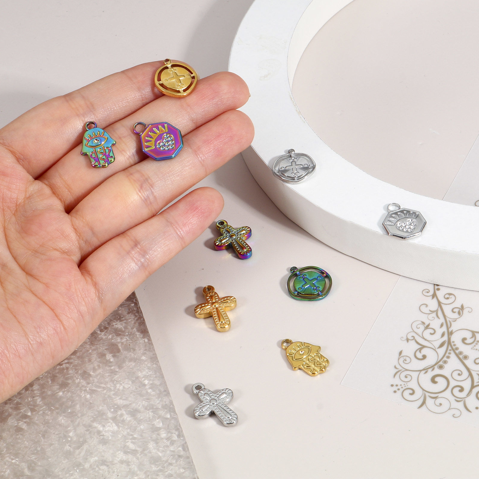 Picture of Eco-friendly Vacuum Plating 304 Stainless Steel Religious Charms Multicolor Cross Hamsa Symbol Hand