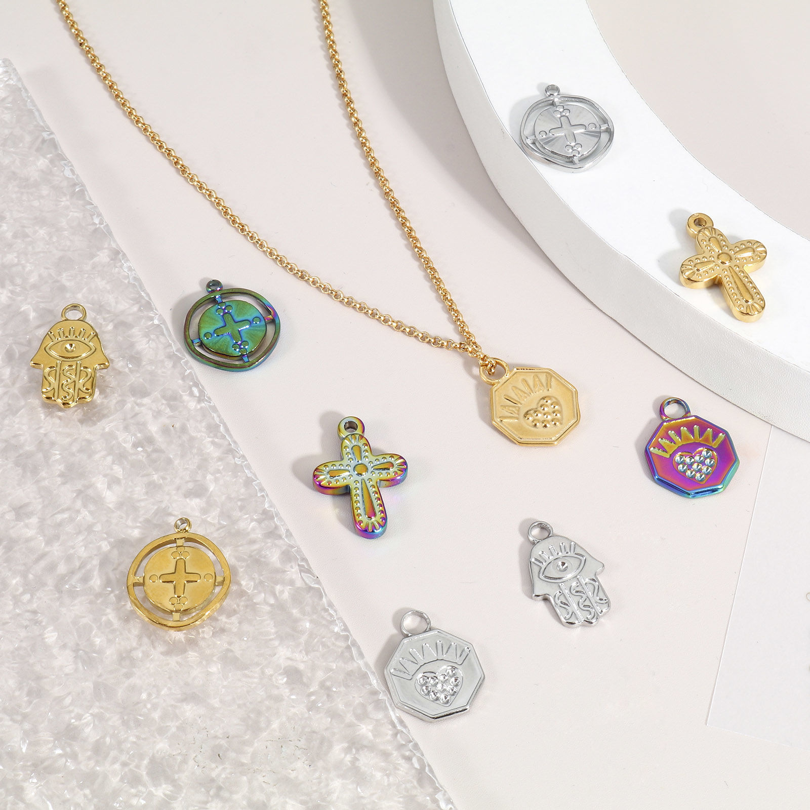 Picture of Eco-friendly Vacuum Plating 304 Stainless Steel Religious Charms Multicolor Cross Hamsa Symbol Hand
