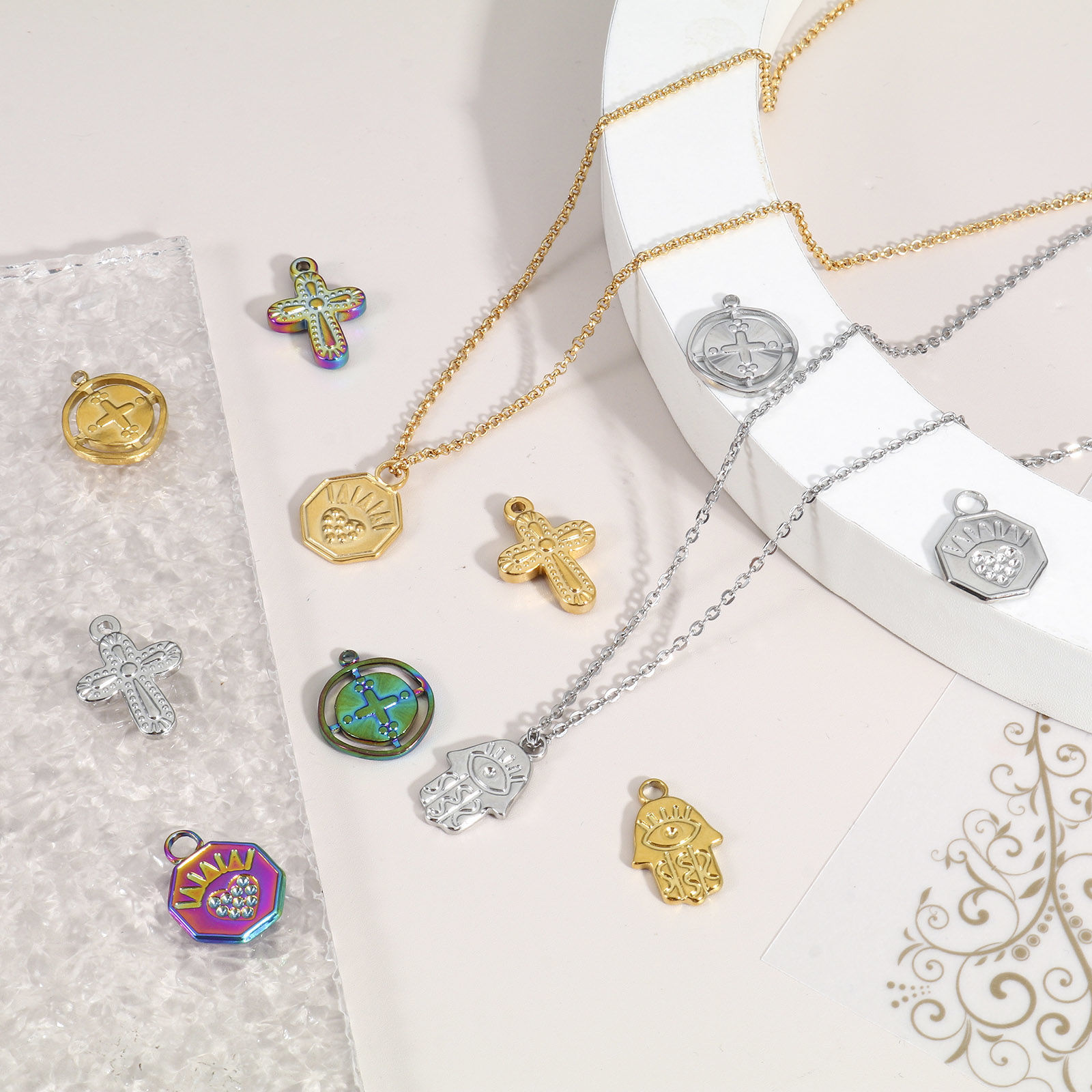 Picture of Eco-friendly Vacuum Plating 304 Stainless Steel Religious Charms Multicolor Cross Hamsa Symbol Hand