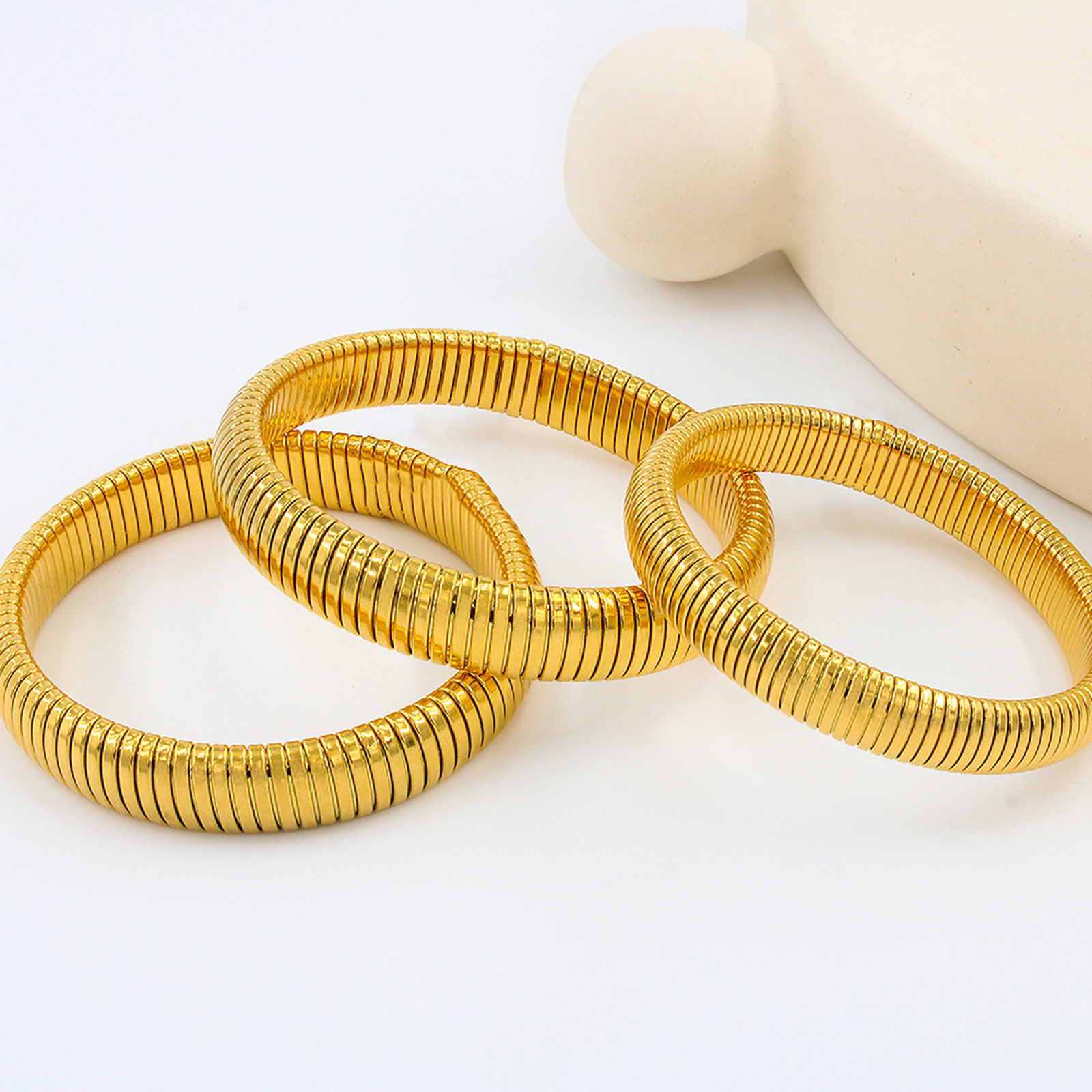 Picture of Eco-friendly Vacuum Plating Stylish Simple 18K Real Gold Plated 304 Stainless Steel Snake Chain Elastic Bangles Bracelets For Women Party