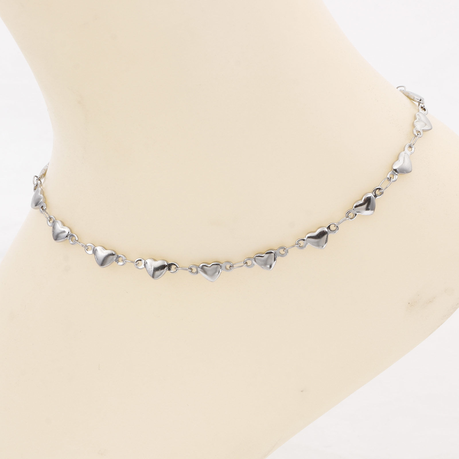 Picture of Eco-friendly 304 Stainless Steel Valentine's Day Link Chain Anklet Silver Tone Heart 24cm - 22cm long