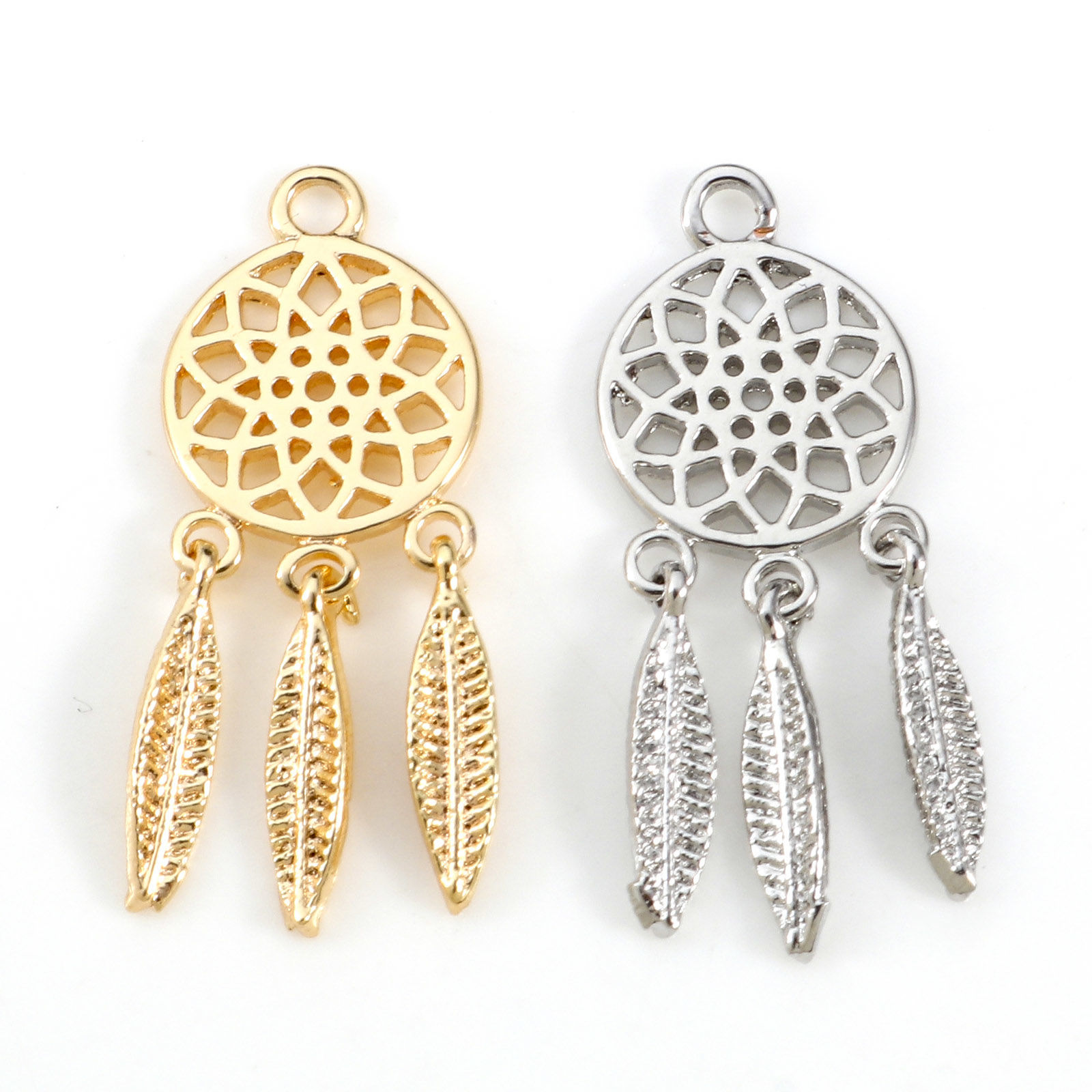 Picture of Brass Charms Real Gold Plated Dream Catcher Feather Hollow 24mm x 9mm