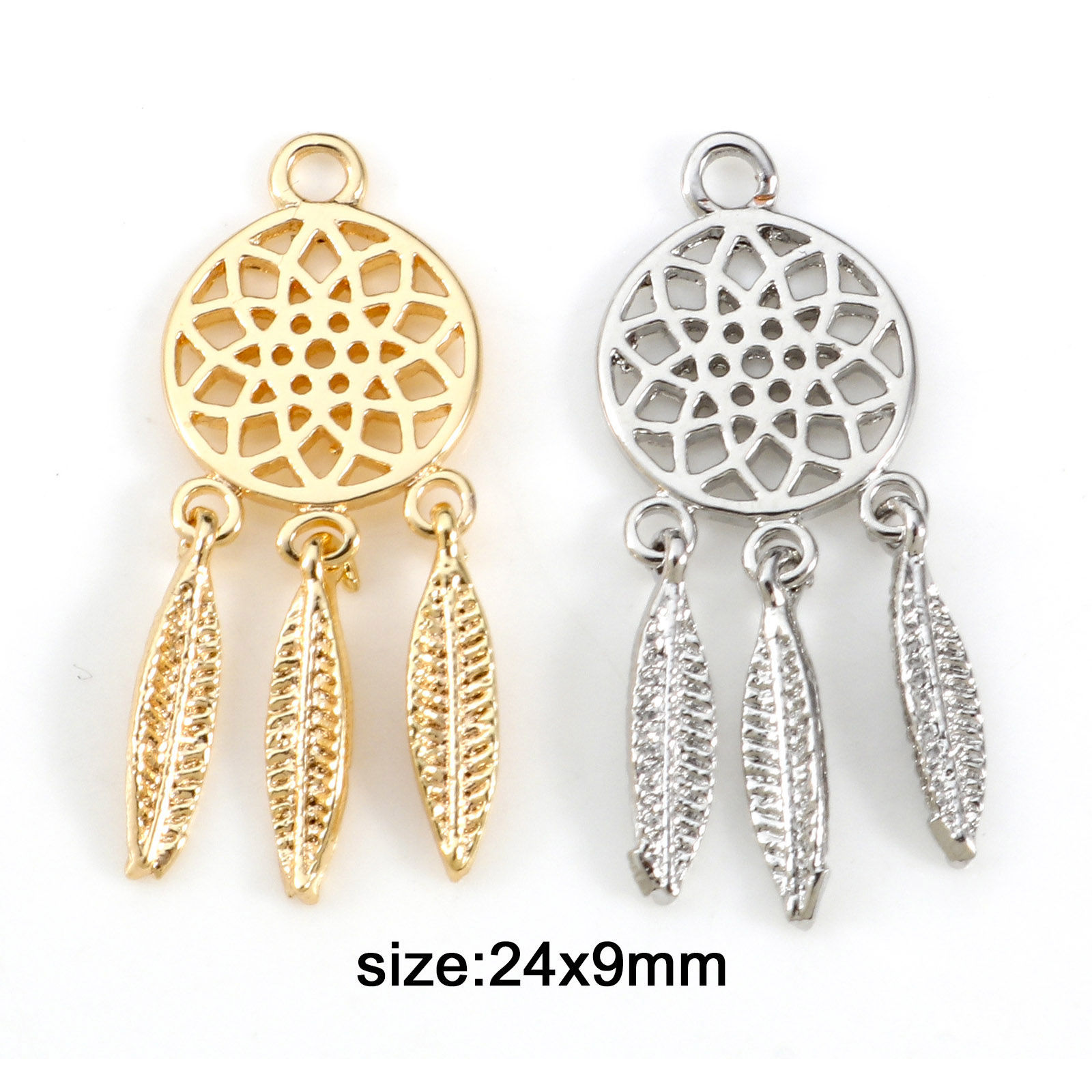 Picture of Brass Charms Real Gold Plated Dream Catcher Feather Hollow 24mm x 9mm