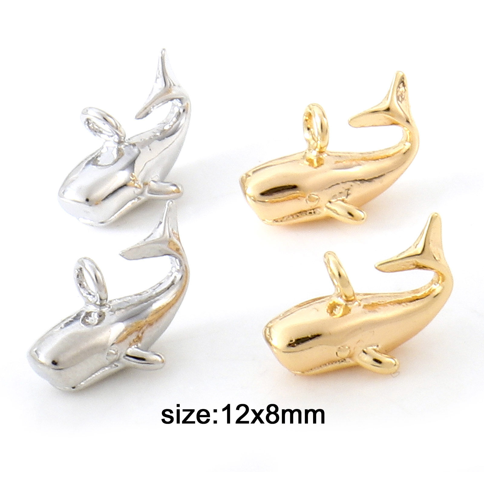 Image de Breloques Bijoux d'Océan en Laiton Baleine Plaqué Or Véritable 3D 12mm x 8mm, 2 Pcs
