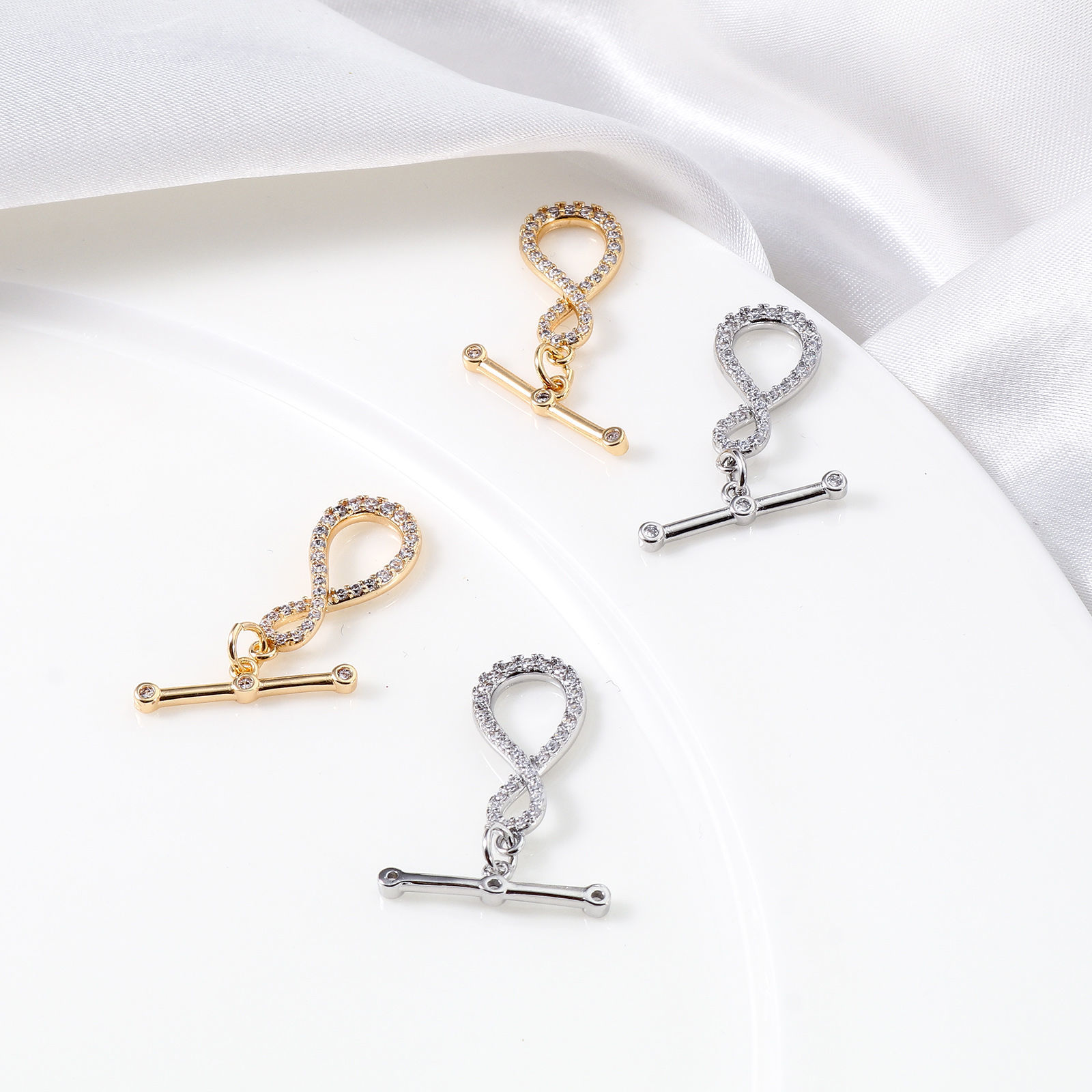 Picture of Brass Toggle Clasps Infinity Symbol Real Gold Plated Micro Pave Clear Cubic Zirconia 22mm x 10mm