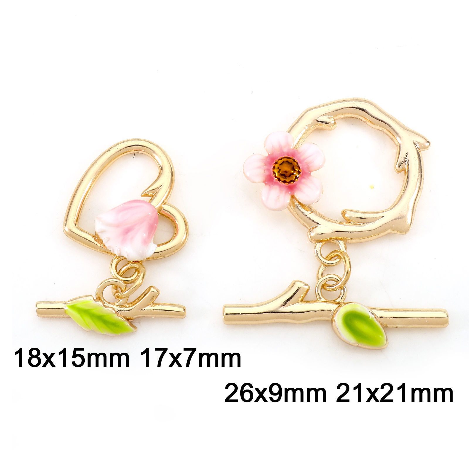 Picture of Brass Toggle Clasps Flower Leaves 18K Real Gold Plated Enamel