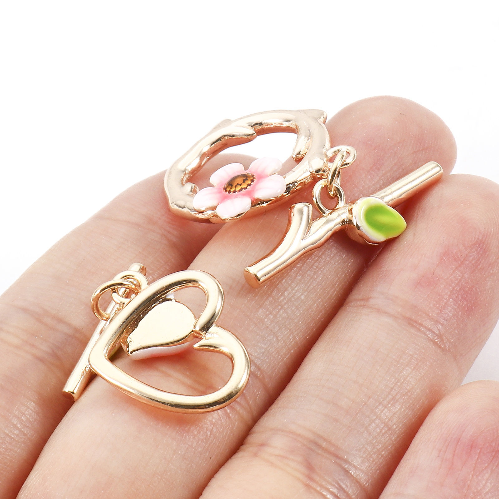 Picture of Brass Toggle Clasps Flower Leaves 18K Real Gold Plated Enamel