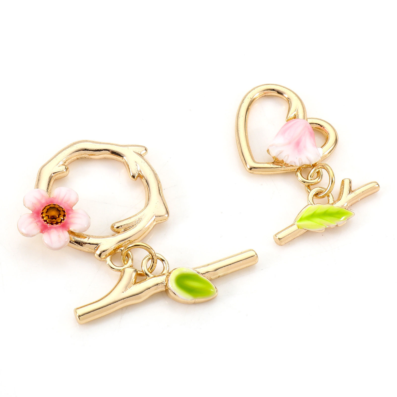Picture of Brass Toggle Clasps Flower Leaves 18K Real Gold Plated Enamel