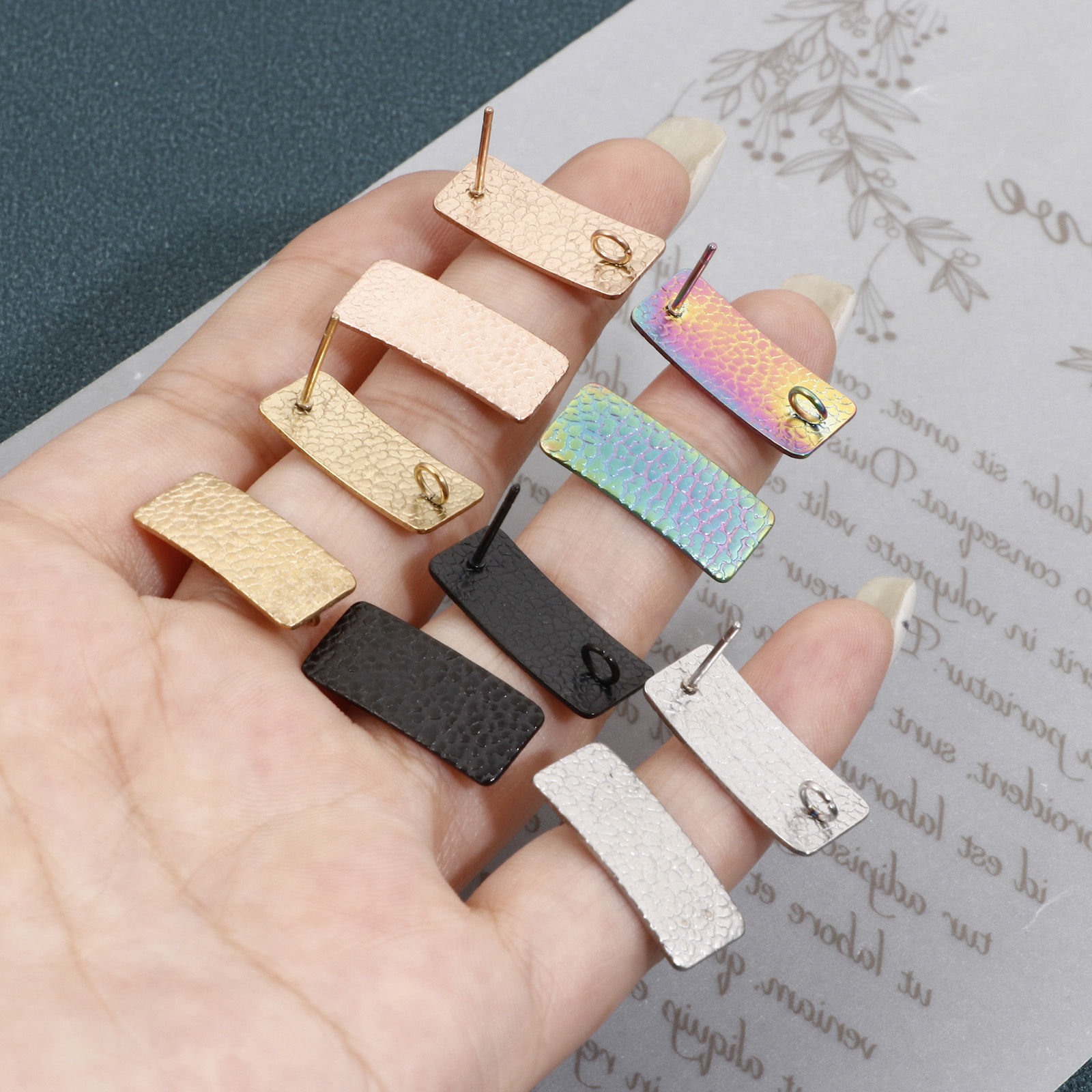 Picture of Eco-friendly Vacuum Plating 304 Stainless Steel Ear Post Stud Earring With Loop Connector Accessories Rectangle Multicolor Crack 20mm x 8mm