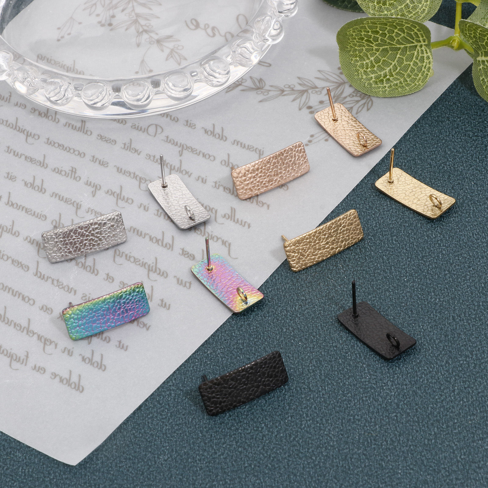 Picture of Eco-friendly Vacuum Plating 304 Stainless Steel Ear Post Stud Earring With Loop Connector Accessories Rectangle Multicolor Crack 20mm x 8mm