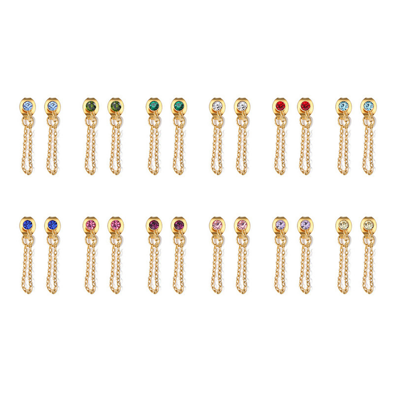 Picture of Eco-friendly Vacuum Plating 304 Stainless Steel Birthstone Tassel Earrings 14K Gold Plated Multicolor Rhinestone 3mm Dia.