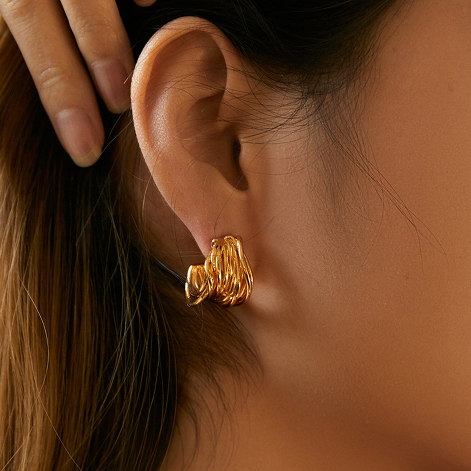 Picture of Hypoallergenic Retro Simple 18K Real Gold Plated Copper Stripe Hoop Earrings For Women Party